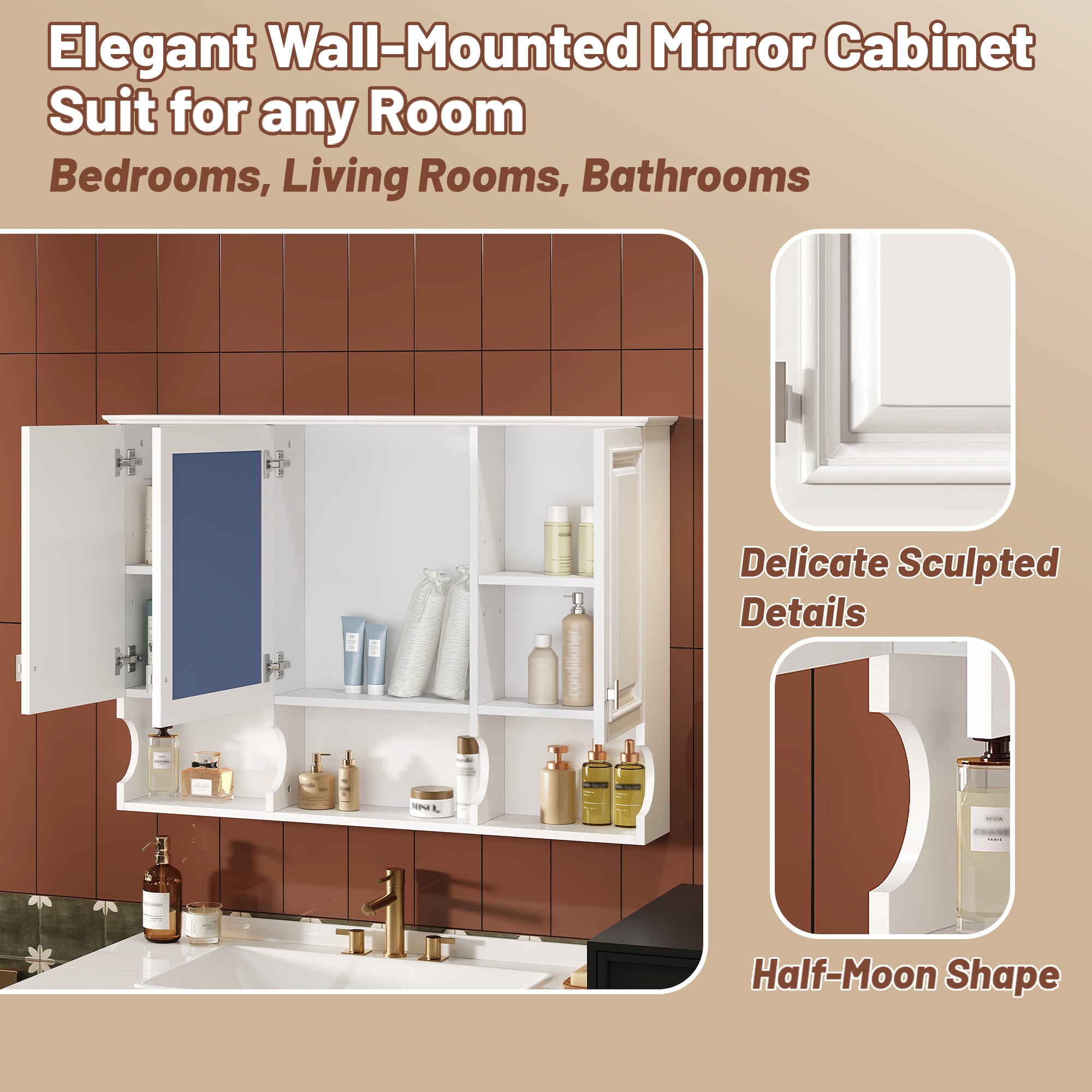 41 Inch Wall-Mounted Mirror Medicine Cabinet with Open Shelf and 3 Doors