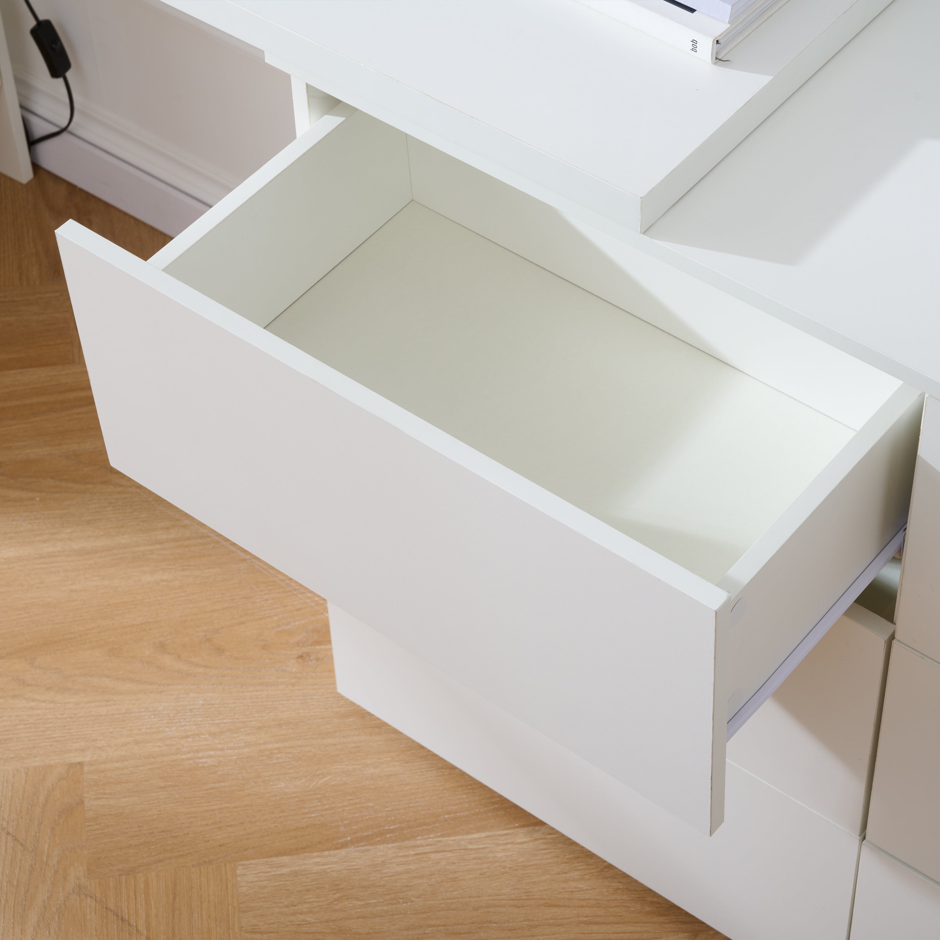 6-Drawer L-Shaped Vanity Dresser Combo with Wide Desktop – White Modern Bedroom Dressing Table