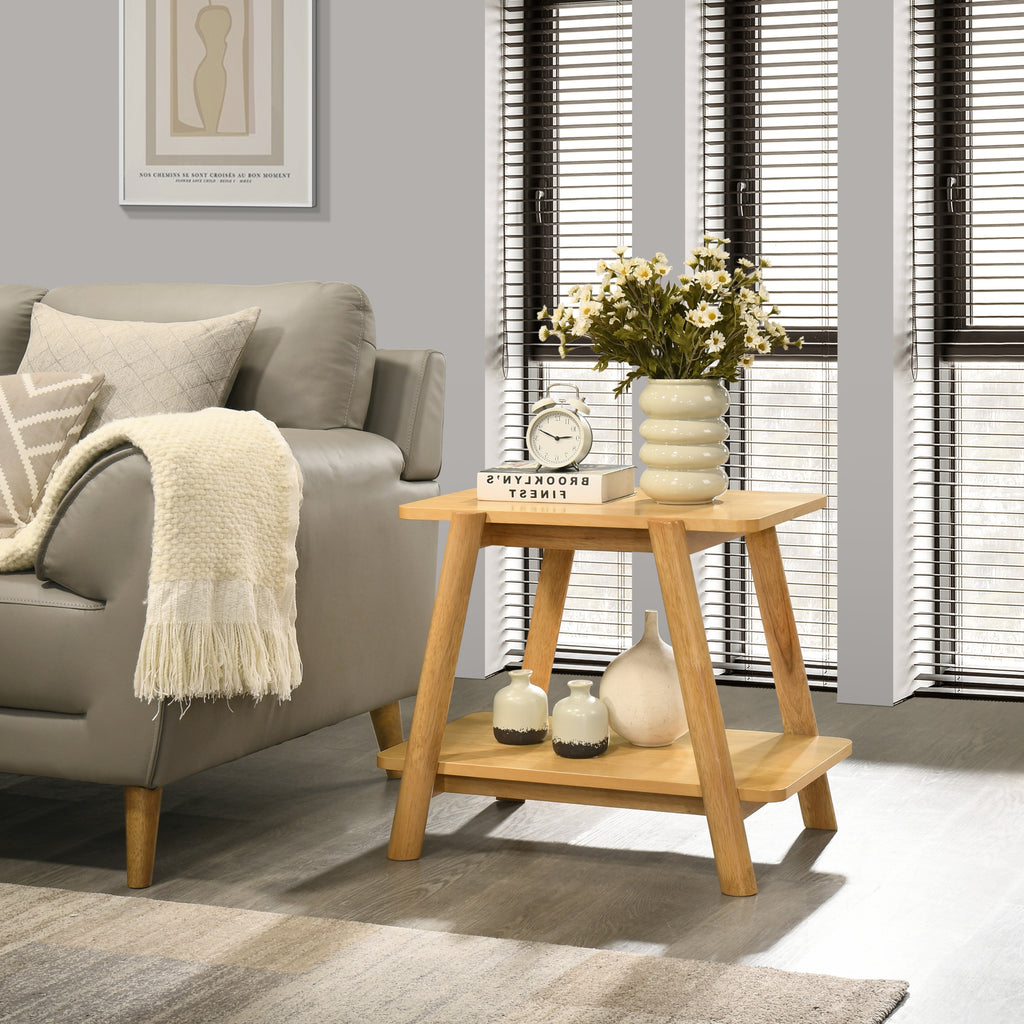Metz end table in natural oak finish shown in front view, highlighting rectangular top and open lower shelf