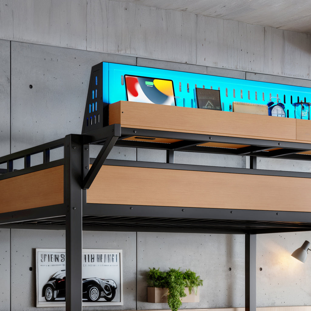 Queen Over Queen Metal Bunk Bed with Storage Shelves, Pegboard, USB Ports & LED Lights
