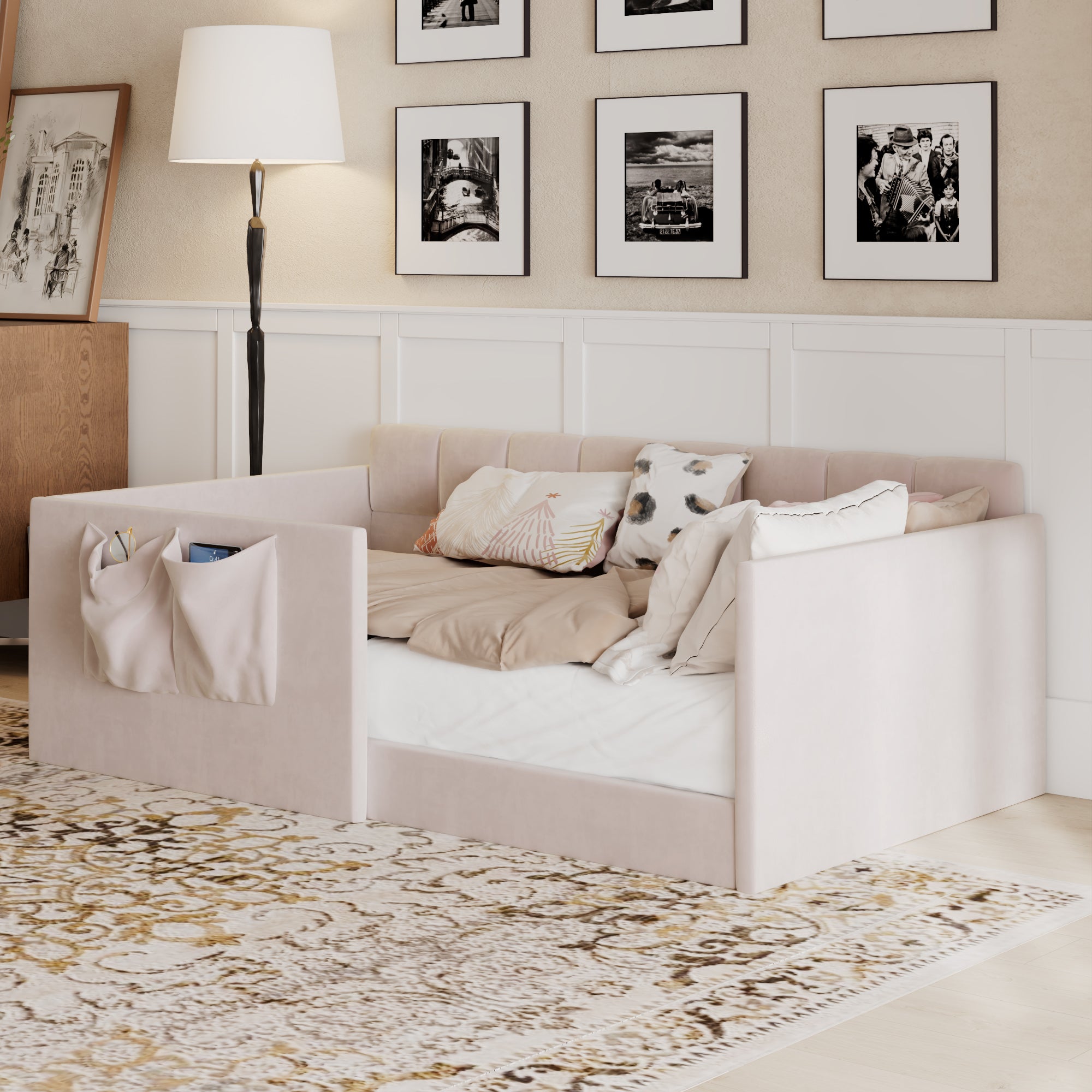 Twin Velvet Daybed Sofa Bed with Side Storage Pockets & Walk-In Entrance, Pink Secondary image