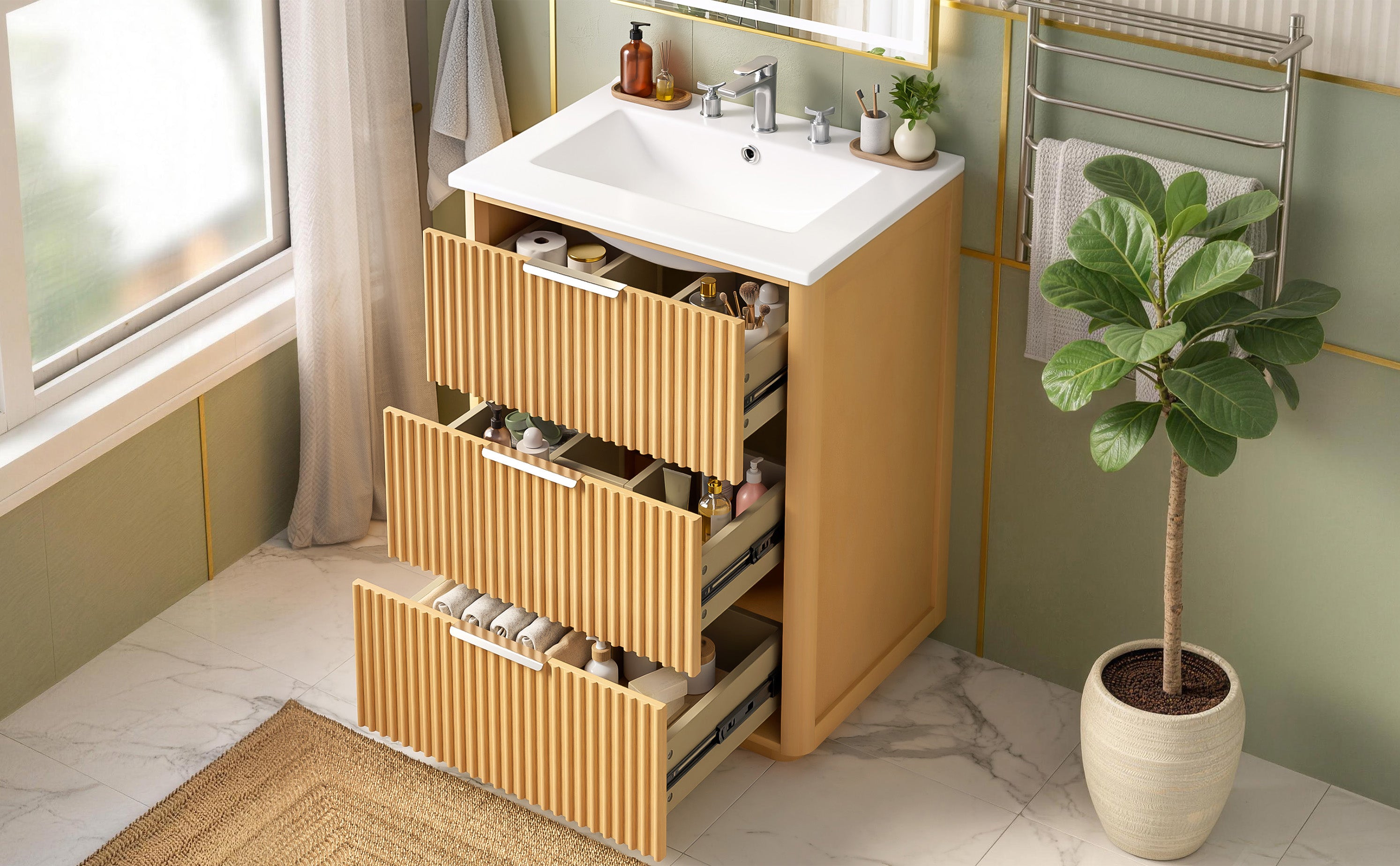 24-inch Modern Bathroom Vanity with Ceramic Sink and Wood Cabinet