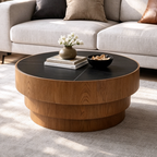 31.5" Round Coffee Table with Sintered Stone Top and Wood Veneer Tiered Base – Modern Black