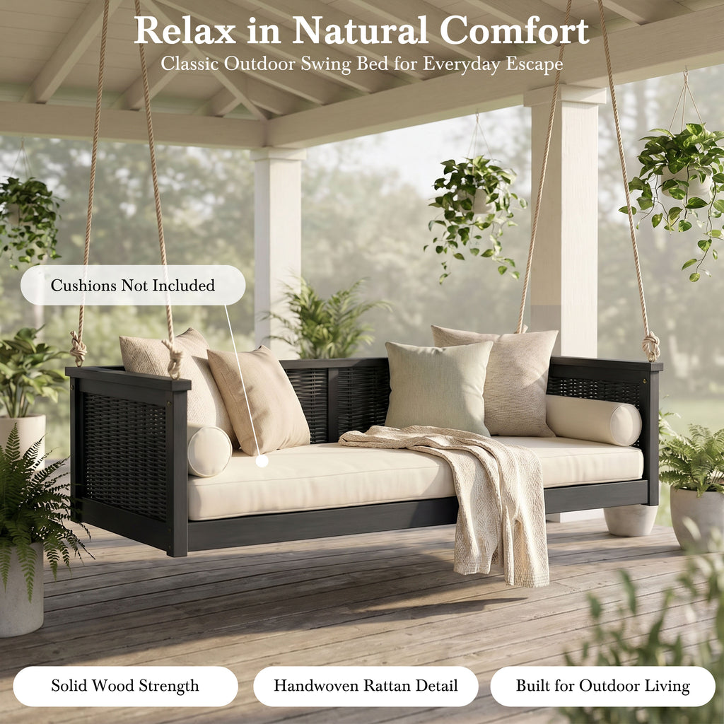 Outdoor Twin Swing Bed with Acacia Wood Frame & Rattan Weave – Black