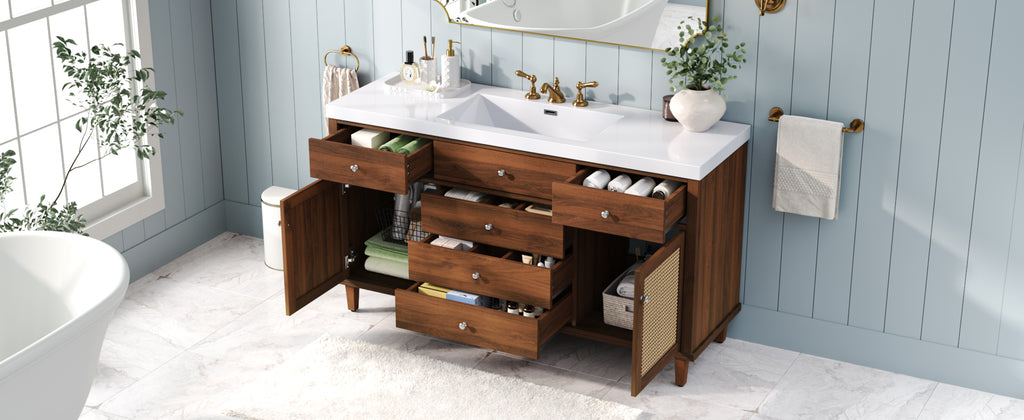 60" Modern Bathroom Vanity with SMC Sink, Soft-Close Drawers & Rattan Doors