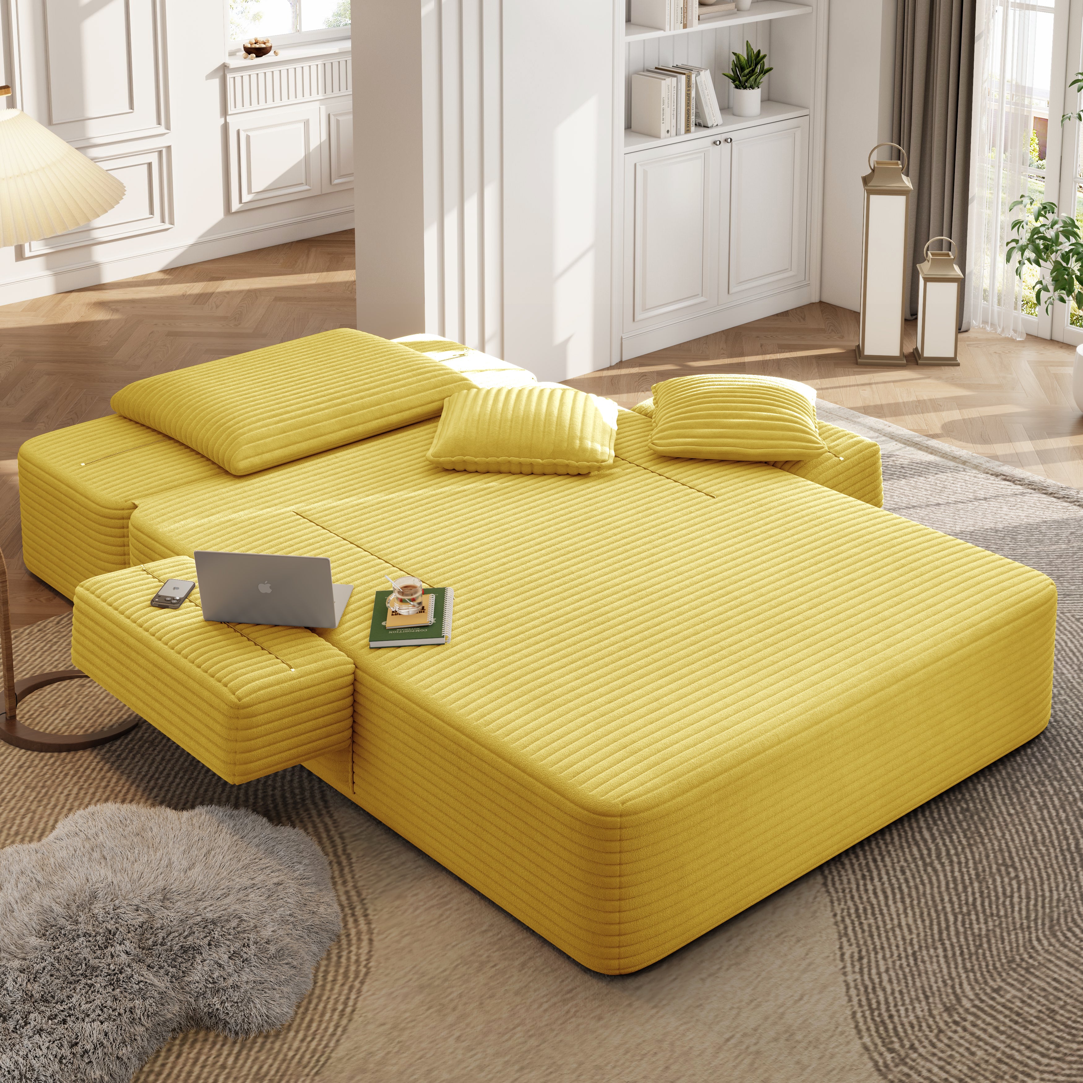 Oversized Plush Corduroy Chaise Lounge Sofa Bed – Yellow - product detail image 8