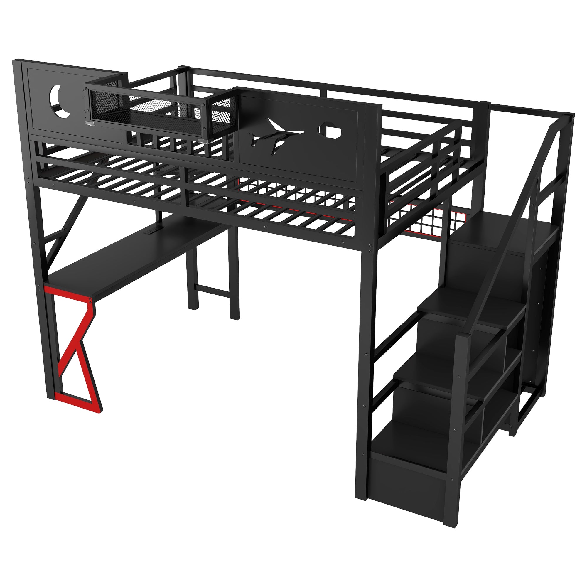 Full Size Metal Loft Bed with Stairs, High Guardrails & Built-in Wardrobe – Black
