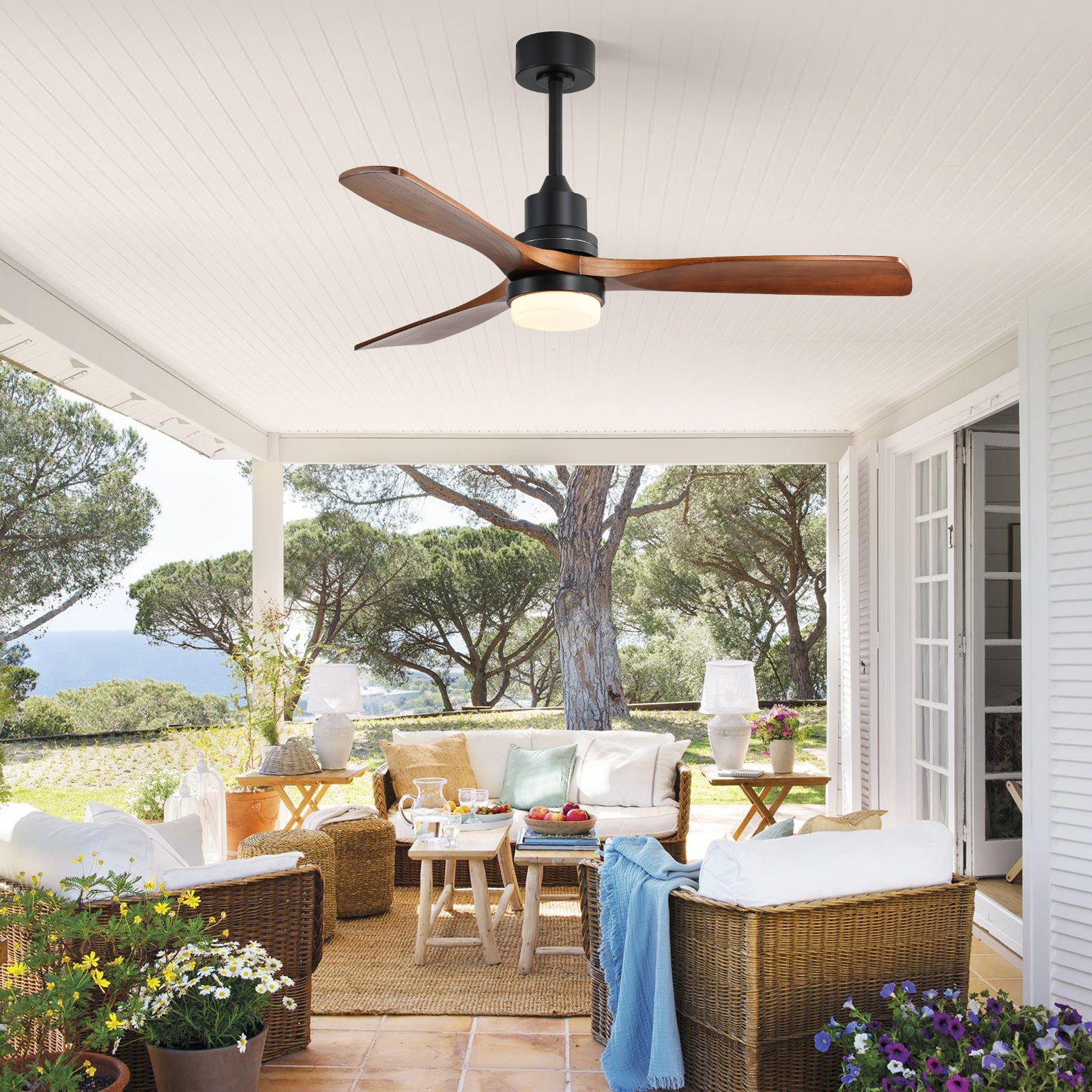 52 Inch Indoor/Outdoor Ceiling Fan with Dimmable LED Light, Solid Wood Blades & Remote Control