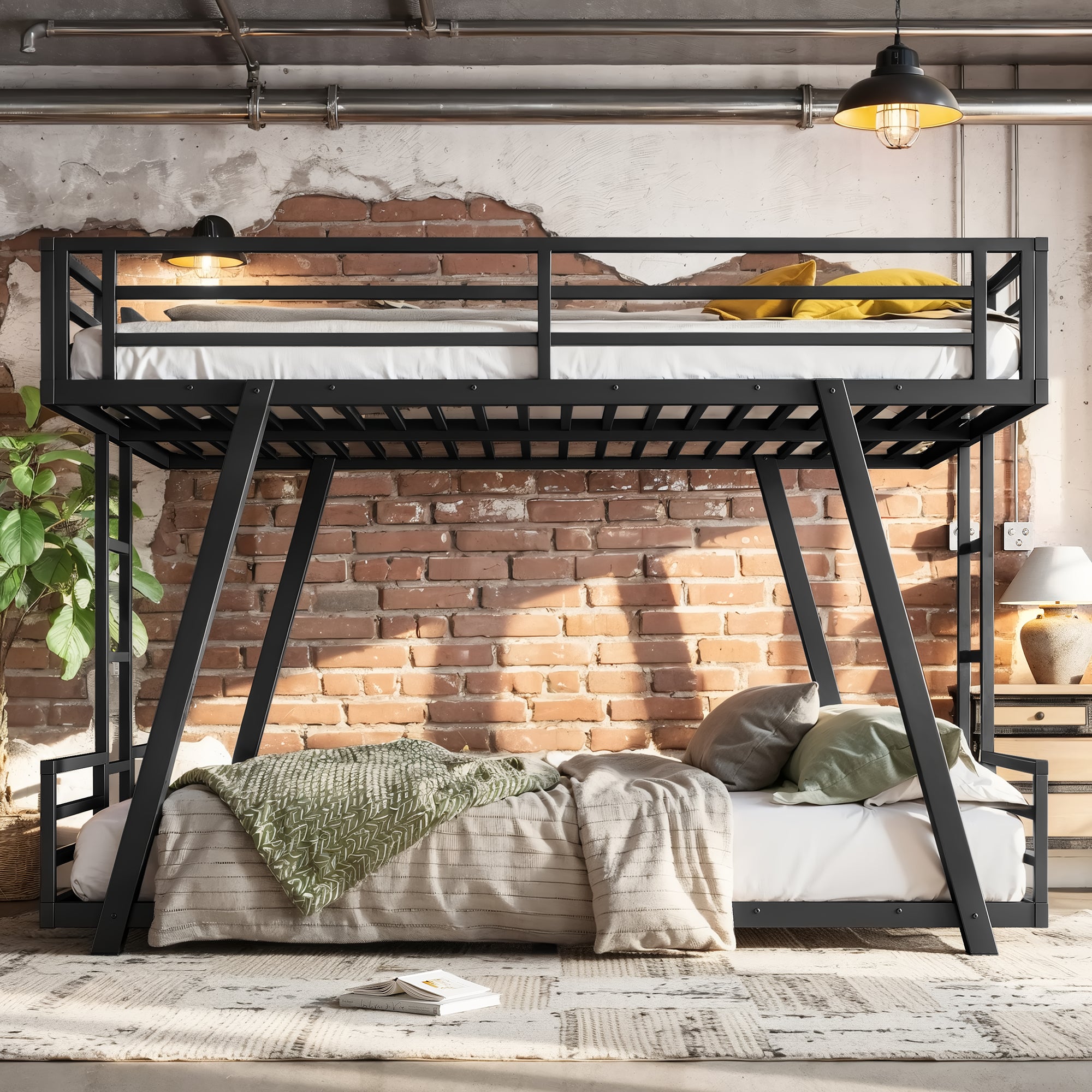 Queen over Queen Metal Bunk Bed with Dual Side Ladders and Low Profile Design – Black Secondary image