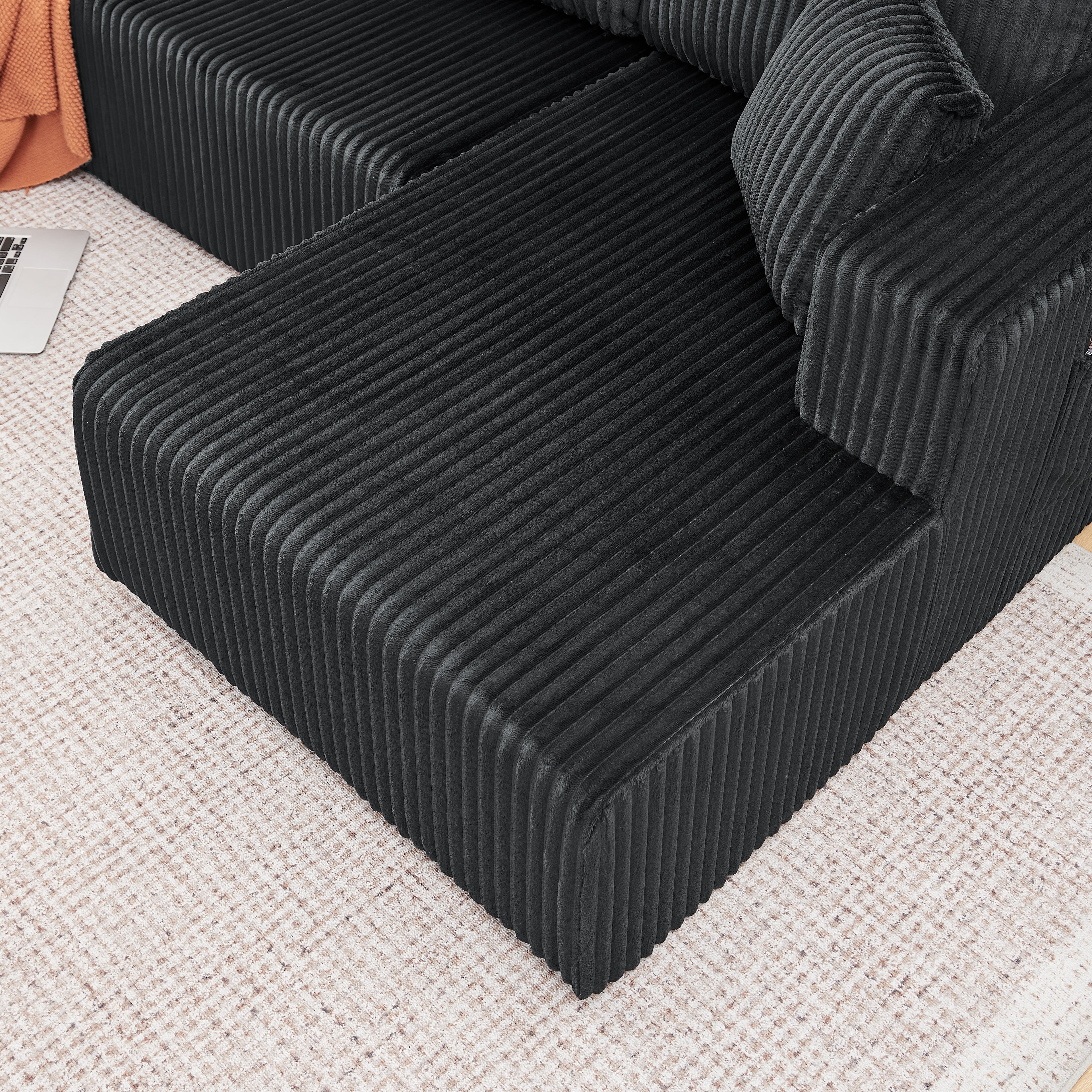 132" U-Shaped Modular Sectional Sofa in Black Corduroy – 6-Seat, Foam & Pocket Spring Cushioning