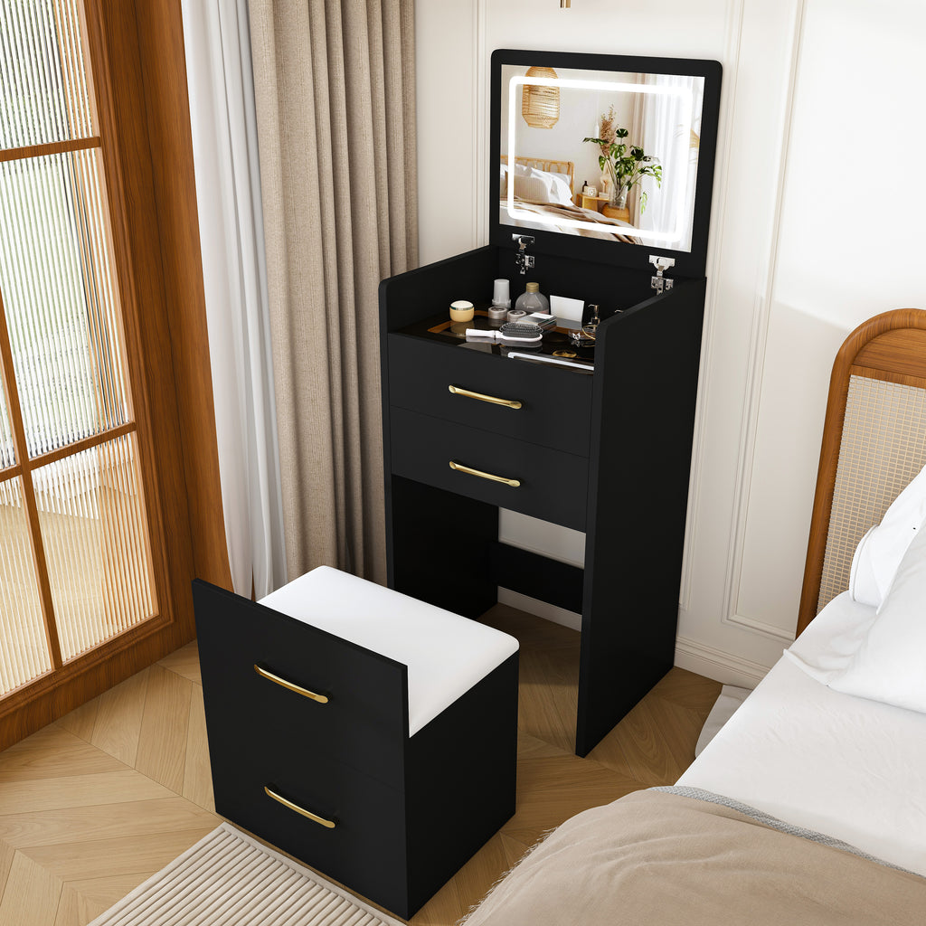 3-in-1 Black Makeup Vanity Desk with Flip-Up Mirror, Glass Top & 3 Drawers