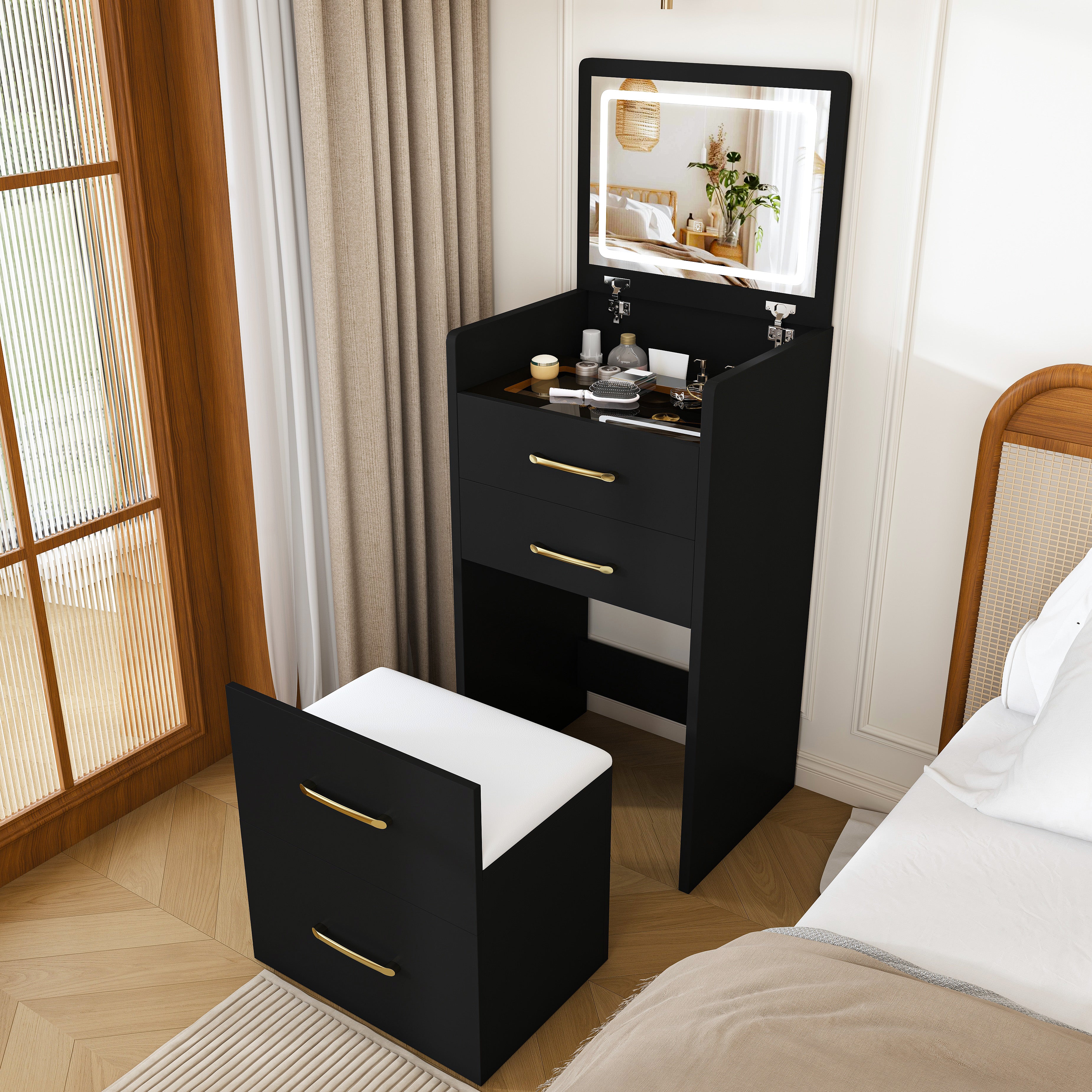 3-in-1 Black Makeup Vanity Desk with Flip-Up Mirror, Glass Top & 3 Drawers