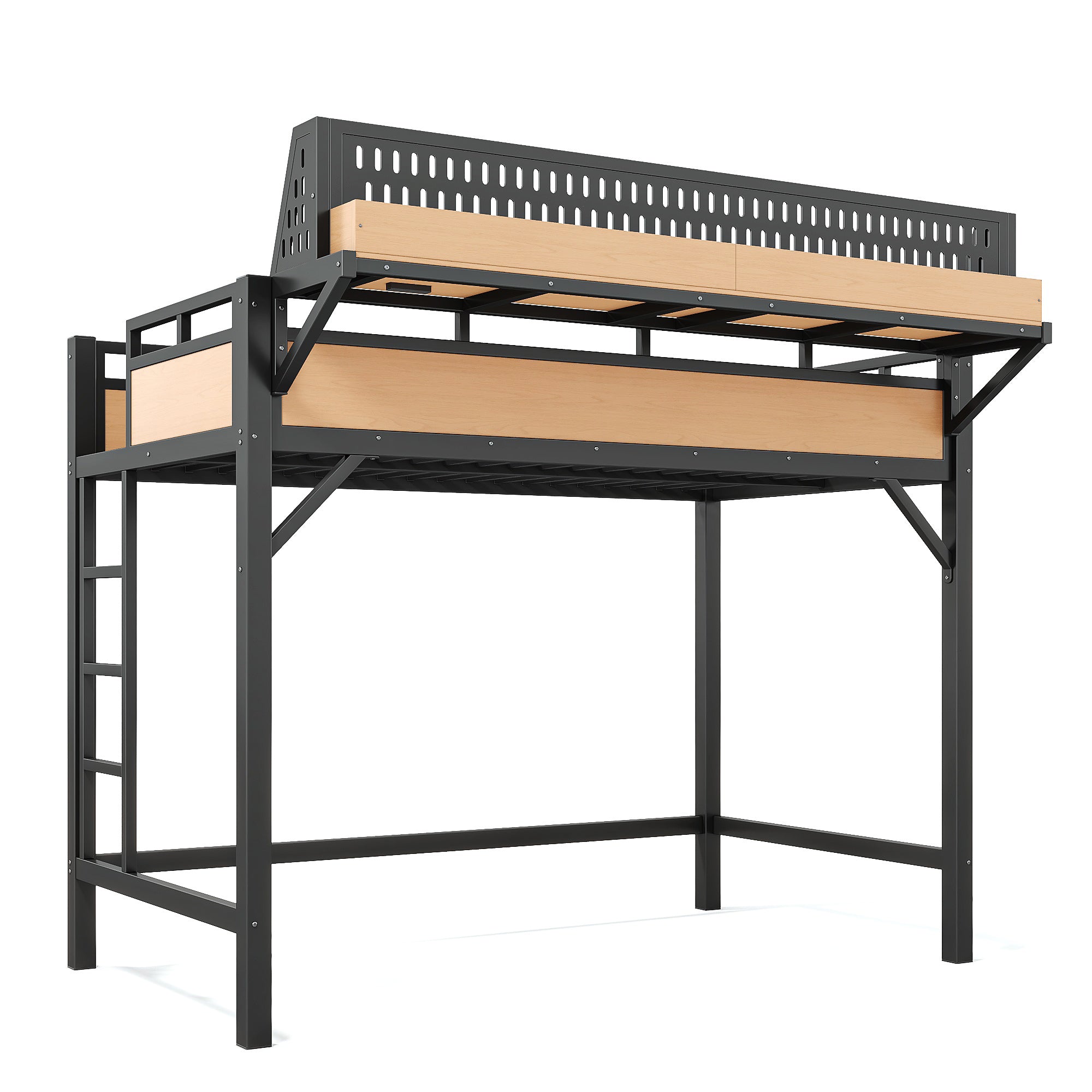 Twin XL Metal Loft Bed with Storage Shelves, Pegboard, USB Ports & LED Lights - product detail image 10