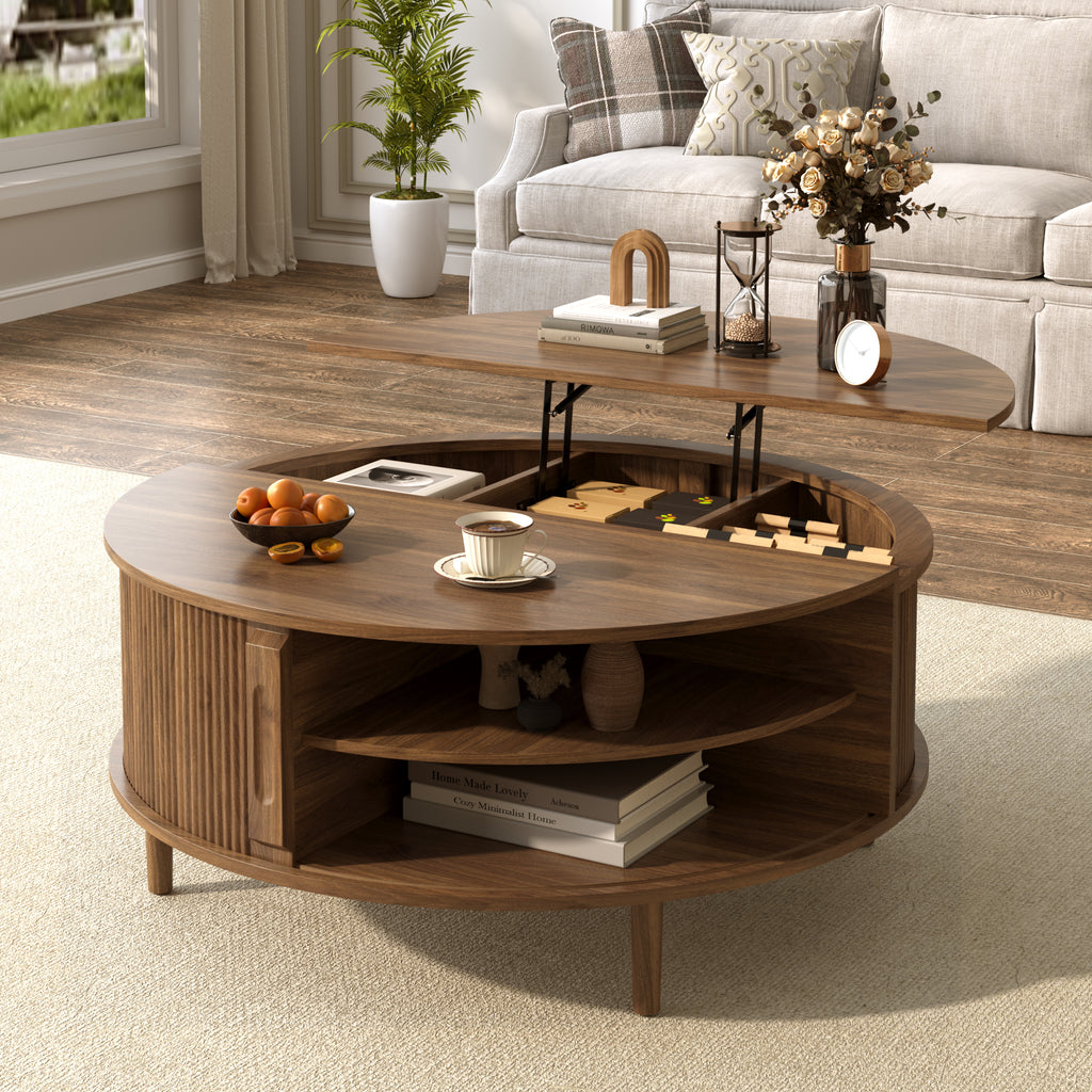 Front view of a round lift-top coffee table with pine legs and wood wave grain finish