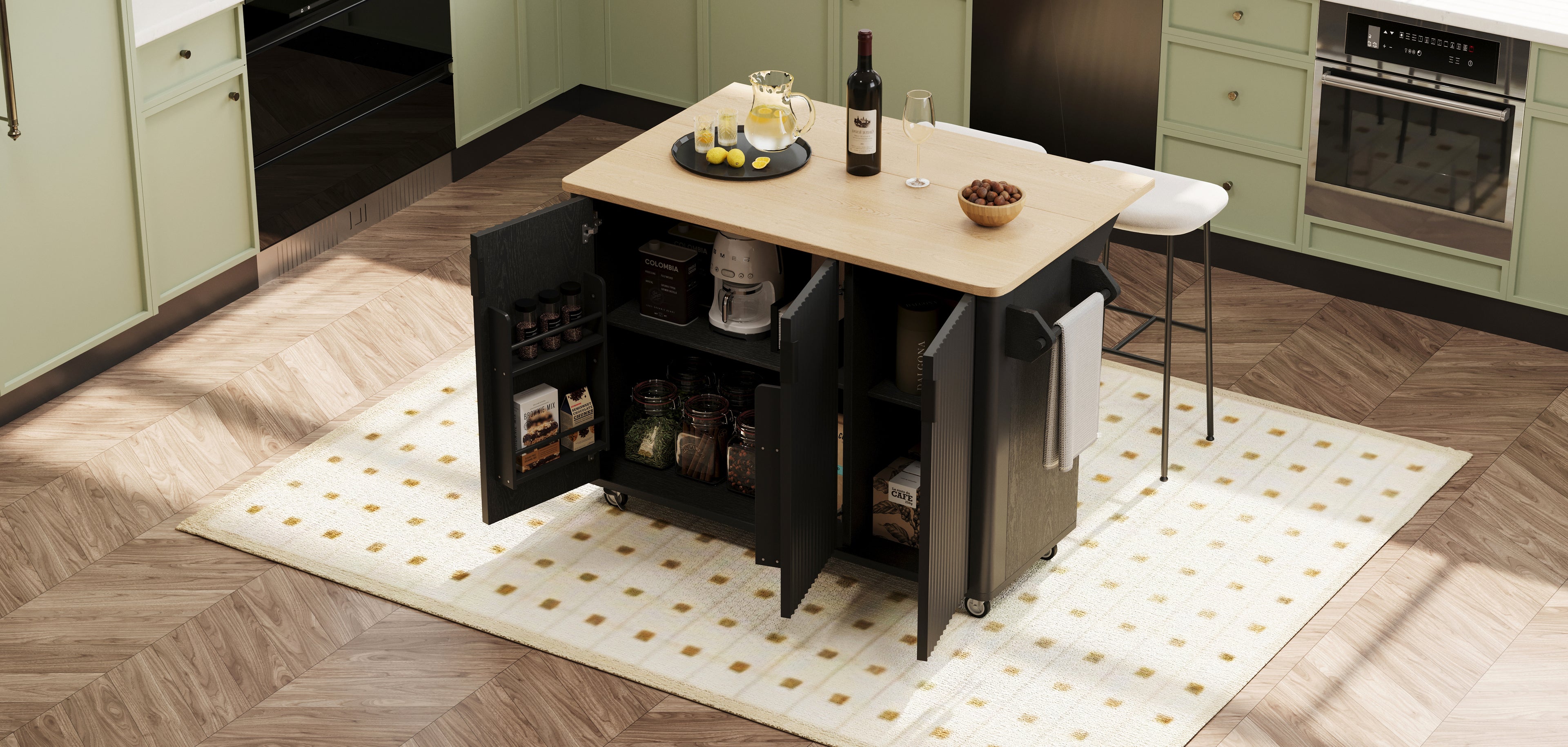 Kitchen island with drop leaf folded down, showing compact profile