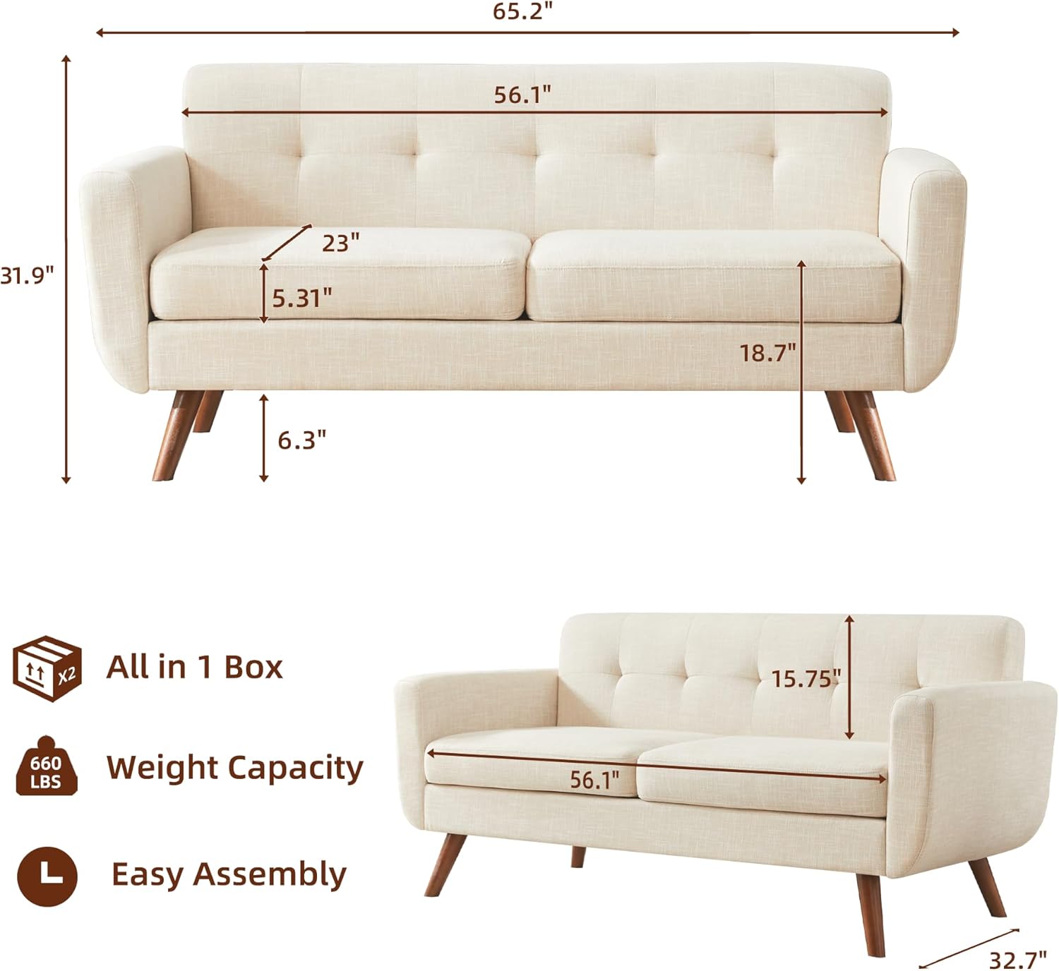 Tbfit 65" W Loveseat Sofa, Mid Century Modern Decor Love Seat Couches for Living Room, Button Tufted Upholstered Small Couch for Bedroom, Solid and Easy to Install Love Seats Furniture, Beige Secondary image