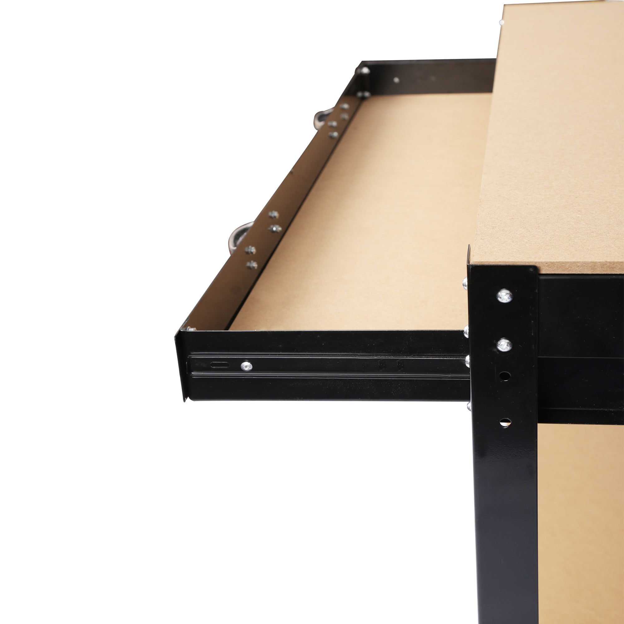 Side profile showing steel frame structure, bottom shelf, and non-slip rubber feet