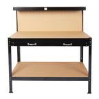 Overhead view of MDF work surface with pegboard mounted vertically at rear