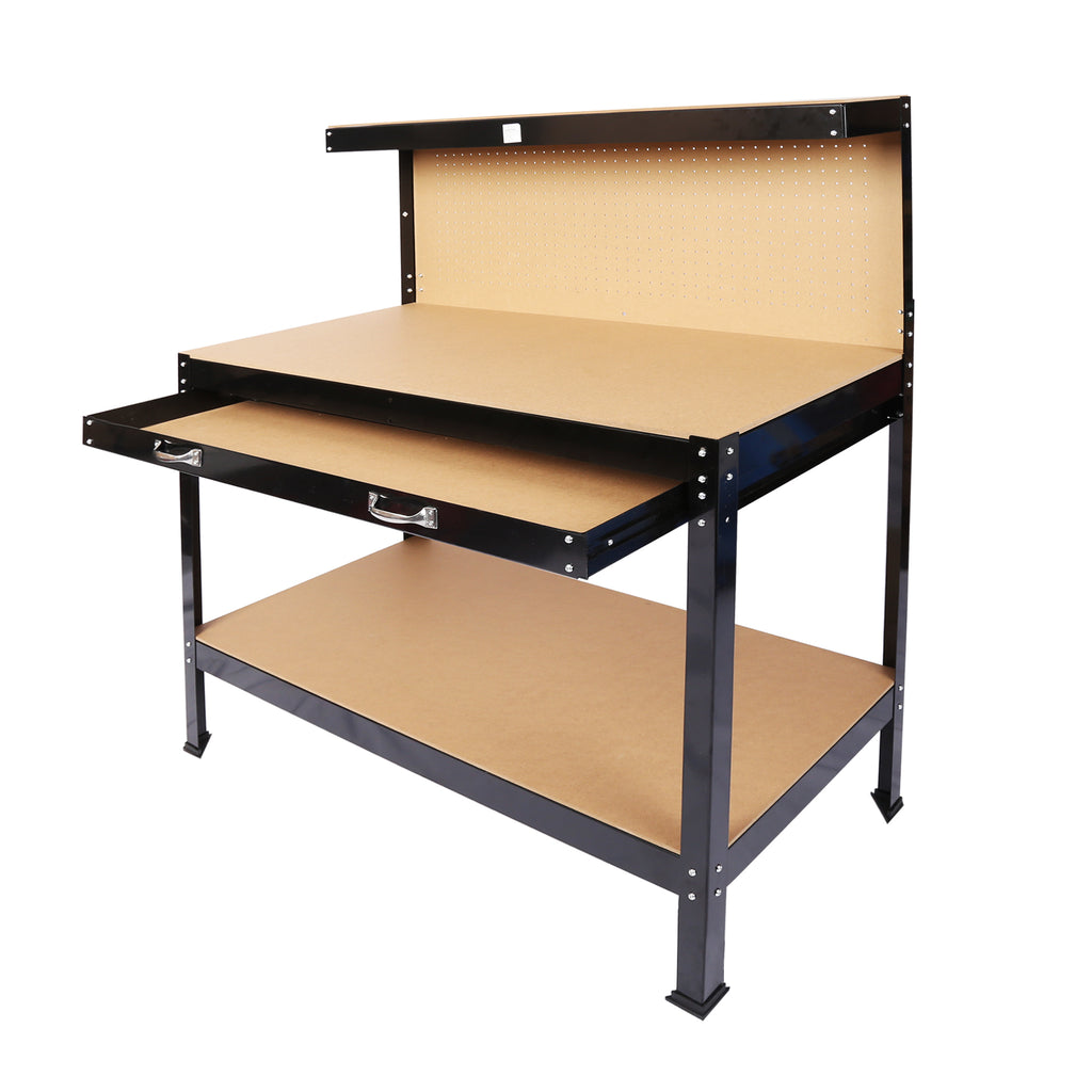 Rear-mounted pegboard with assorted hooks holding common hand tools