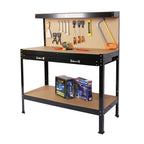 Bottom shelf supporting heavy tools and equipment beneath main work surface