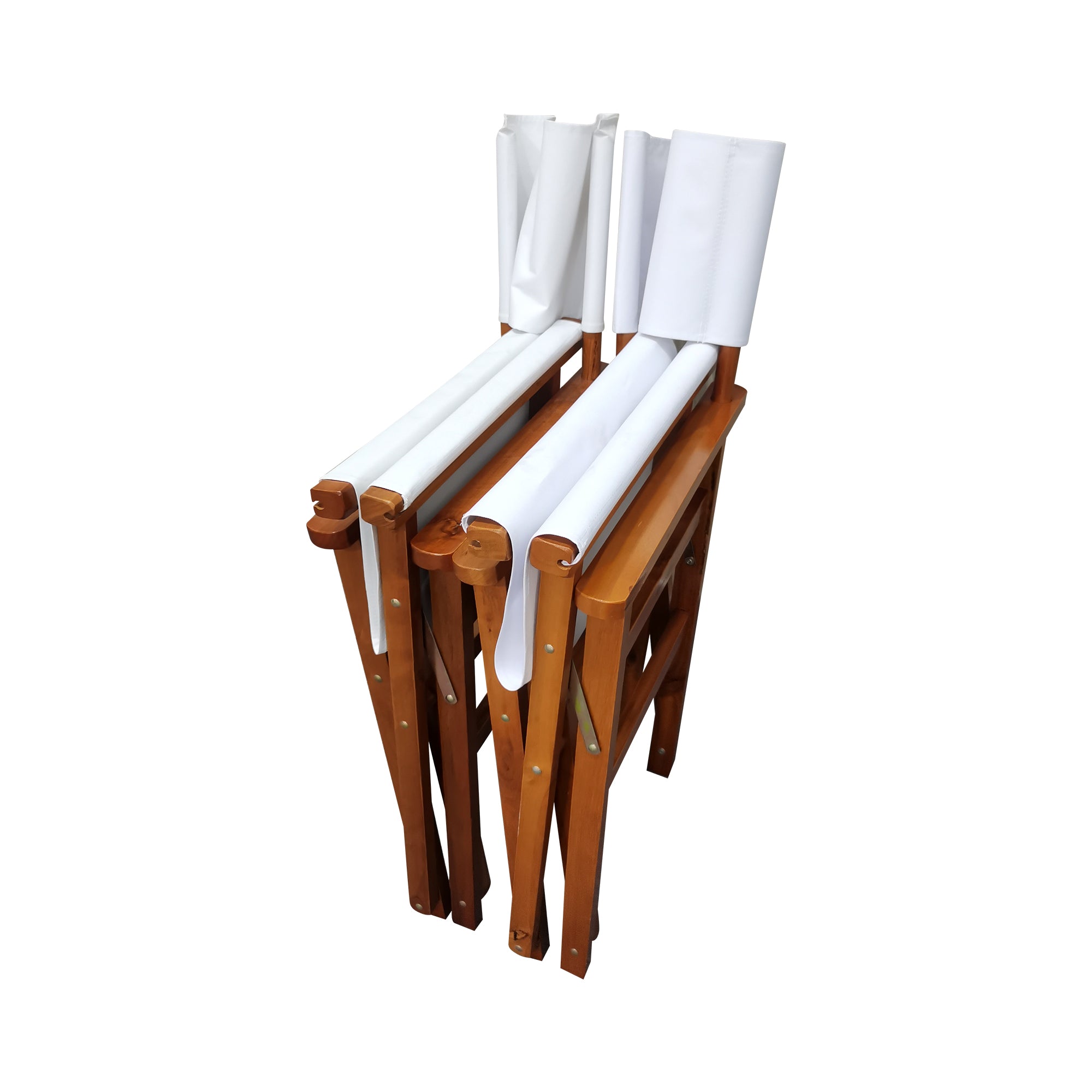 Two folded director chairs stacked together for compact storage