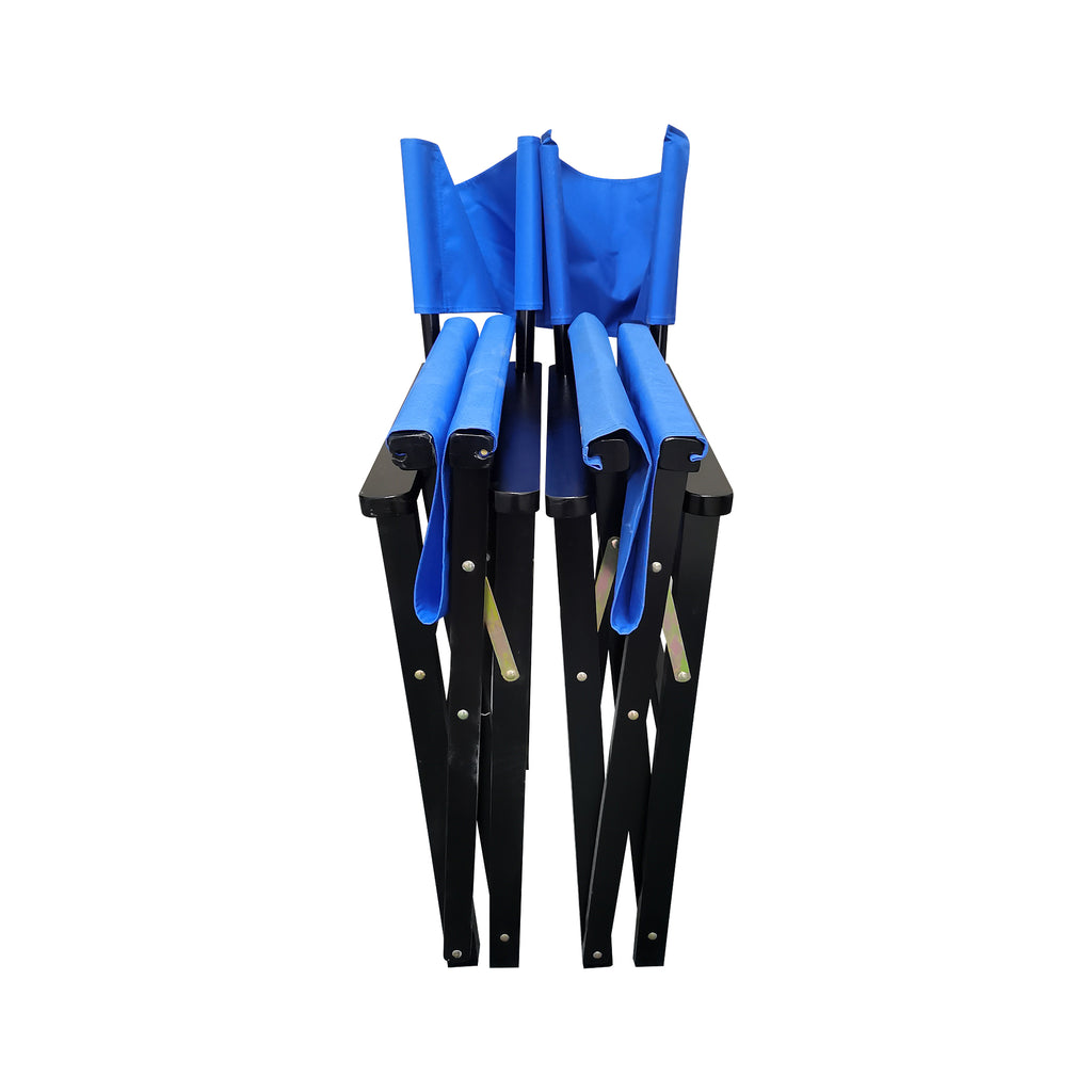 Two black folding director chairs folded flat for storage or transport