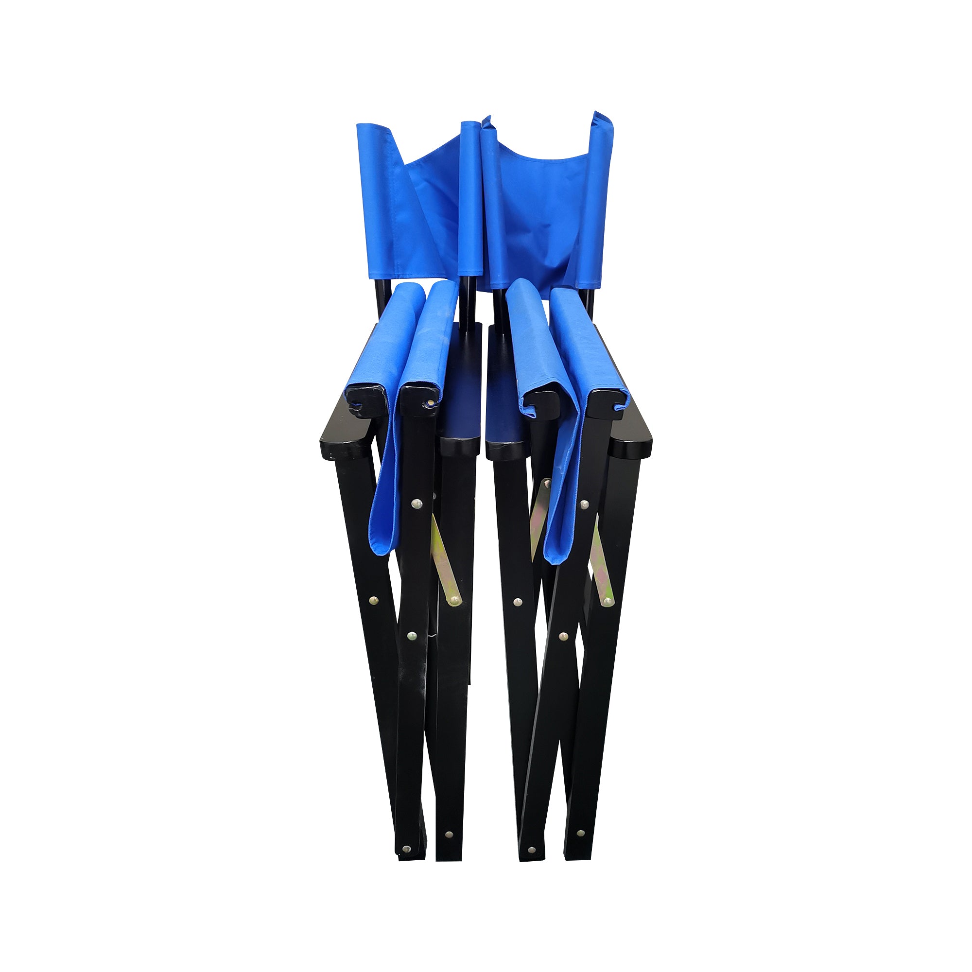 Two black folding director chairs folded flat for storage or transport