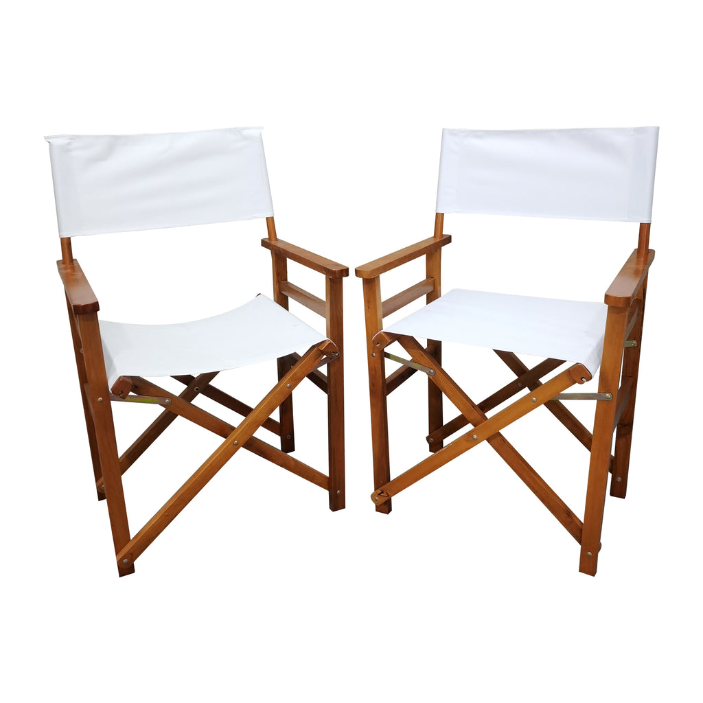 Side view of folding director chair showing wood grain and canvas seat texture