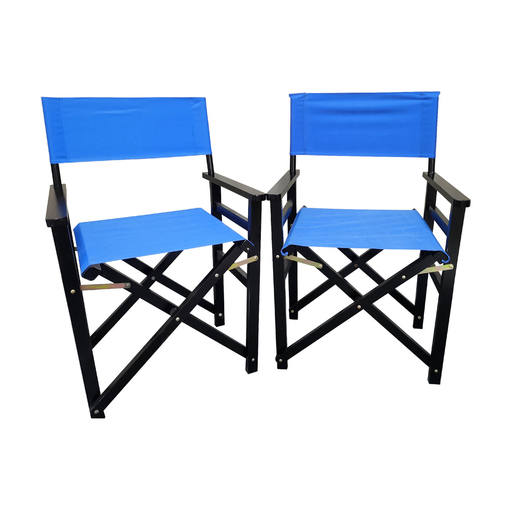 Back view of black wooden folding director chair highlighting slatted wood backrest