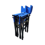 Side view of black wooden folding director chair showing foldable frame and canvas seat