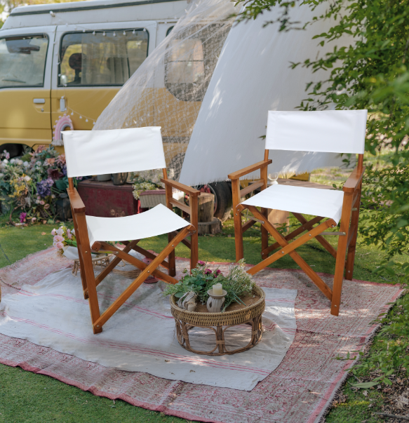 Front view of natural wooden folding director chair with canvas seat, standing on grass
