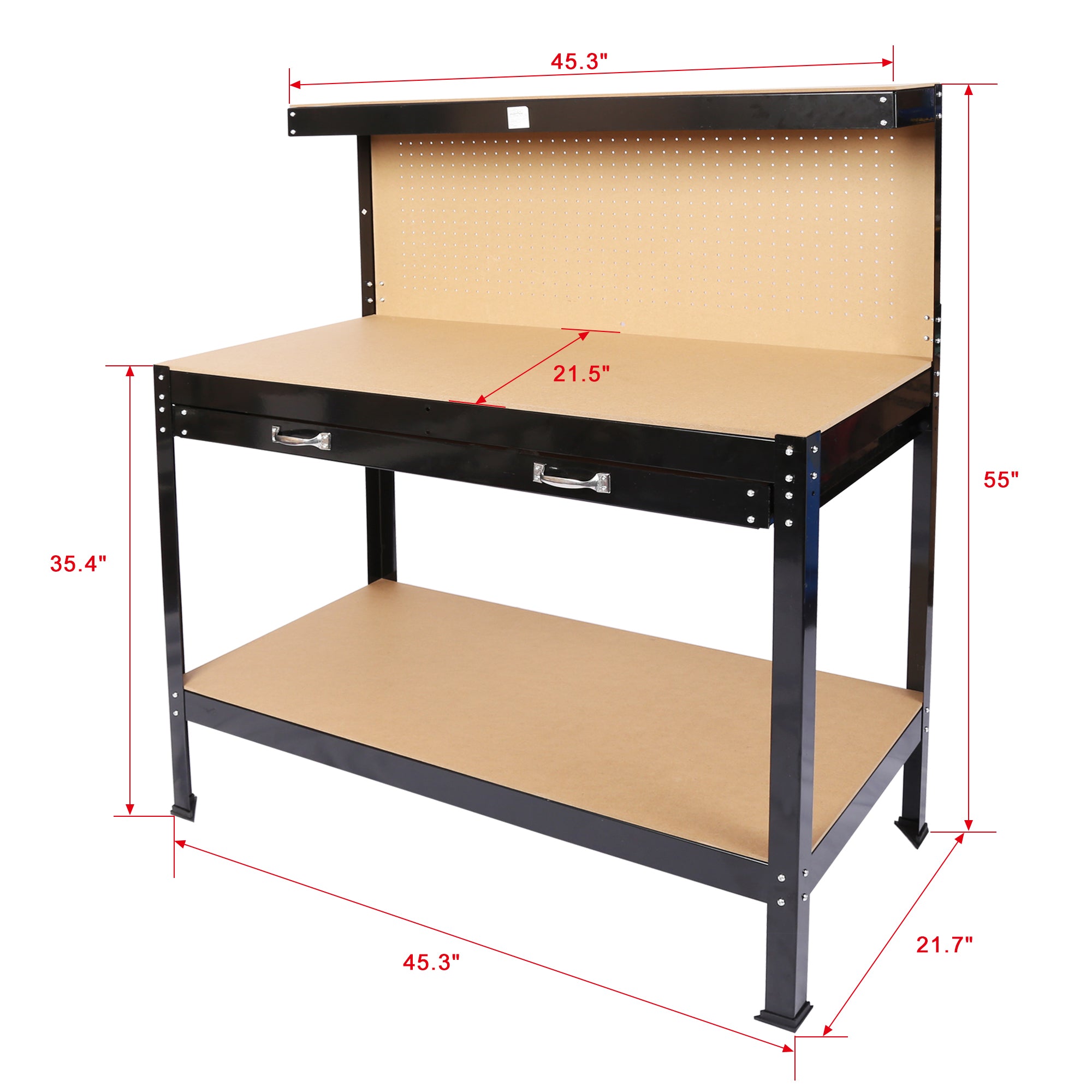 Workbench installed in a residential garage with tools organized on pegboard and shelf