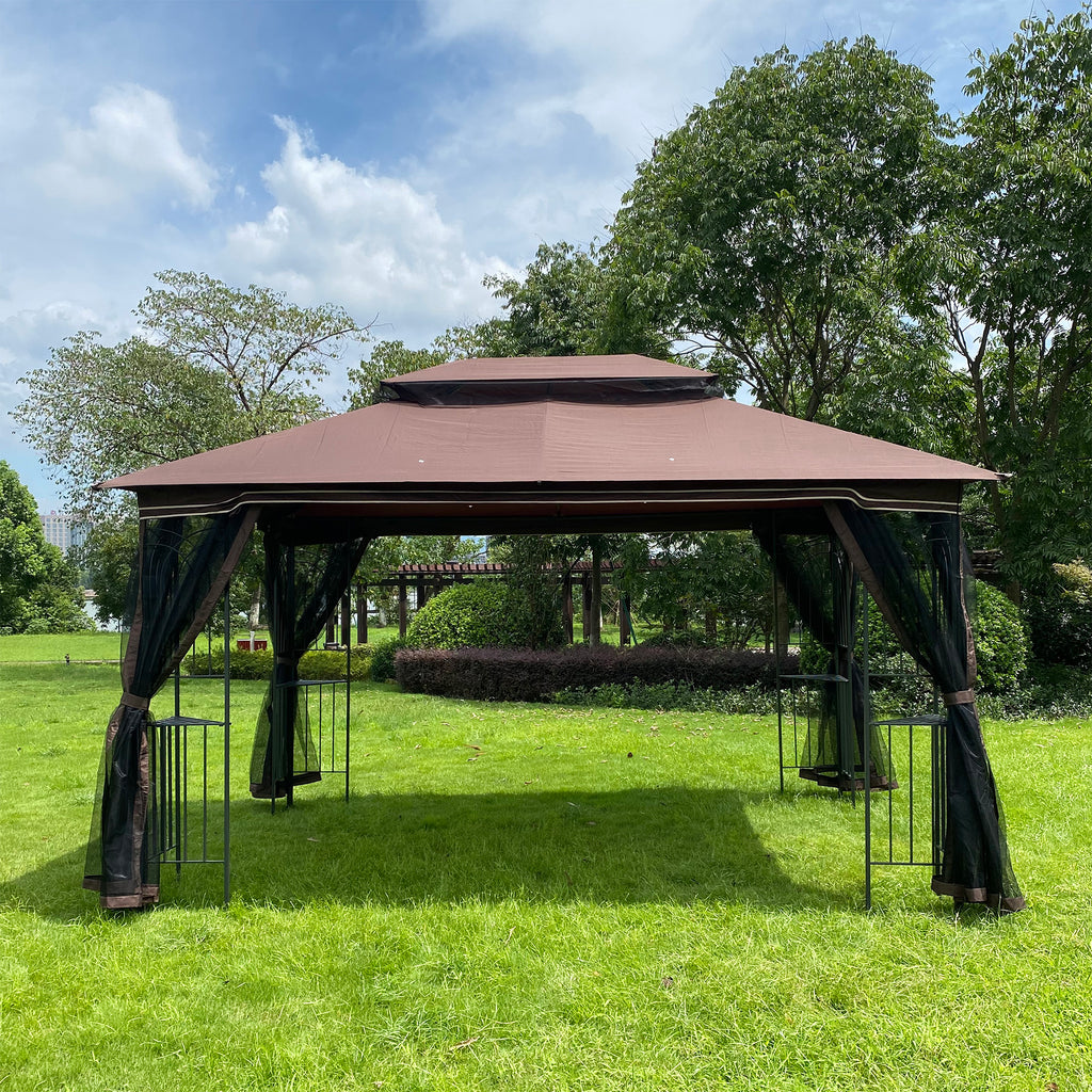 Interior view showing open space with mesh screens partially zipped