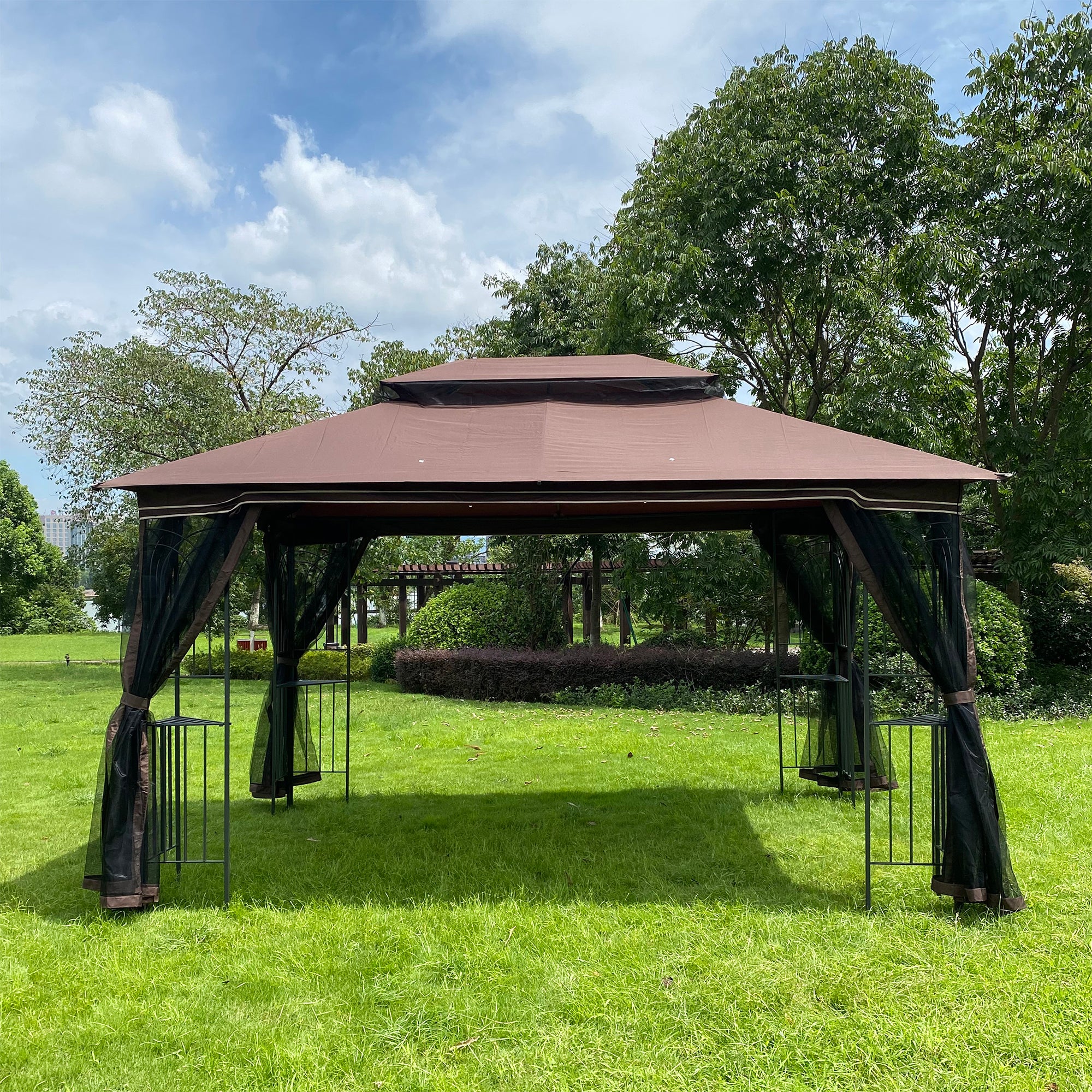 Interior view showing open space with mesh screens partially zipped