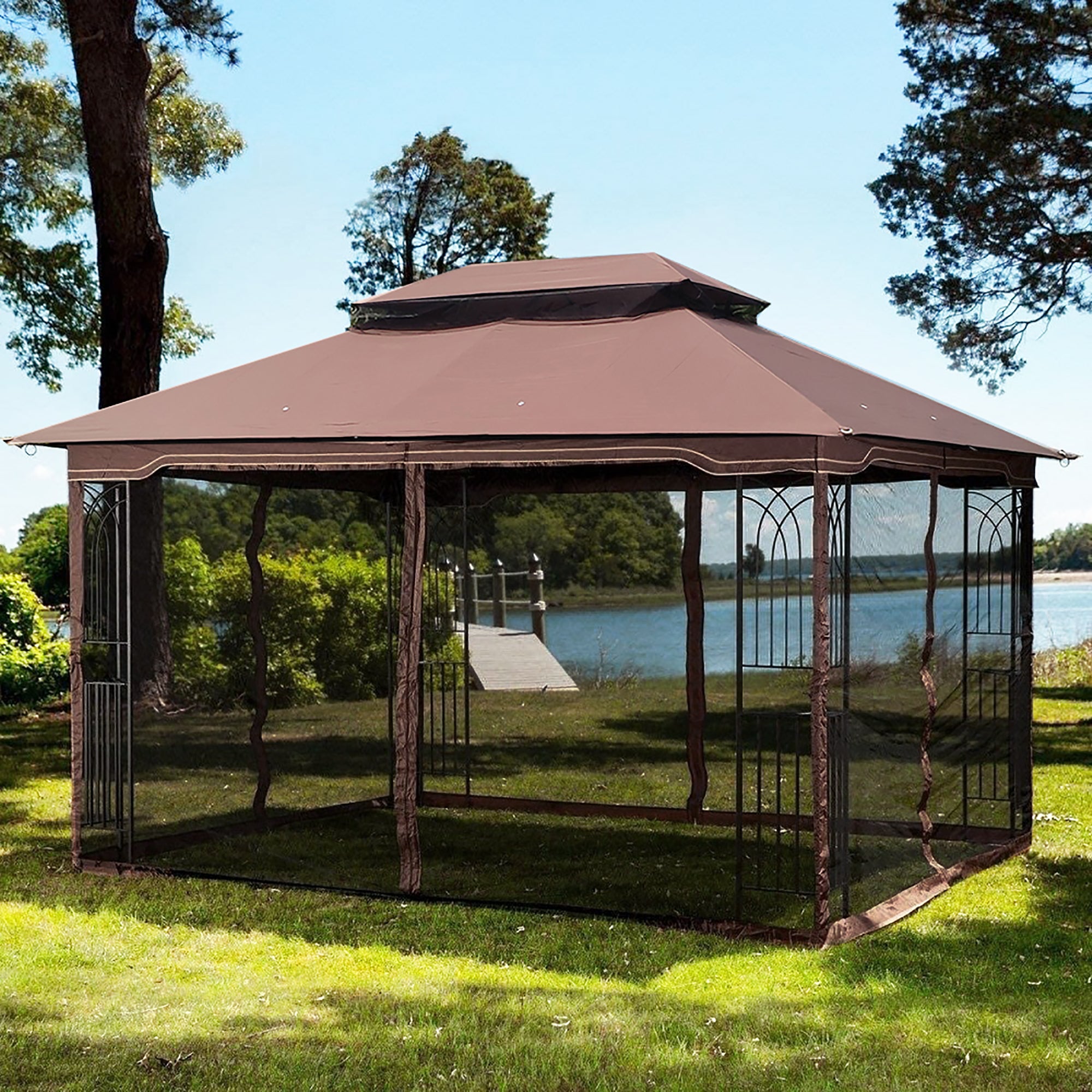 Front view of brown/gray 13x10 ft outdoor gazebo with double-tier roof and mesh screens installed Main image