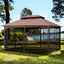 Front view of brown/gray 13x10 ft outdoor gazebo with double-tier roof and mesh screens installed