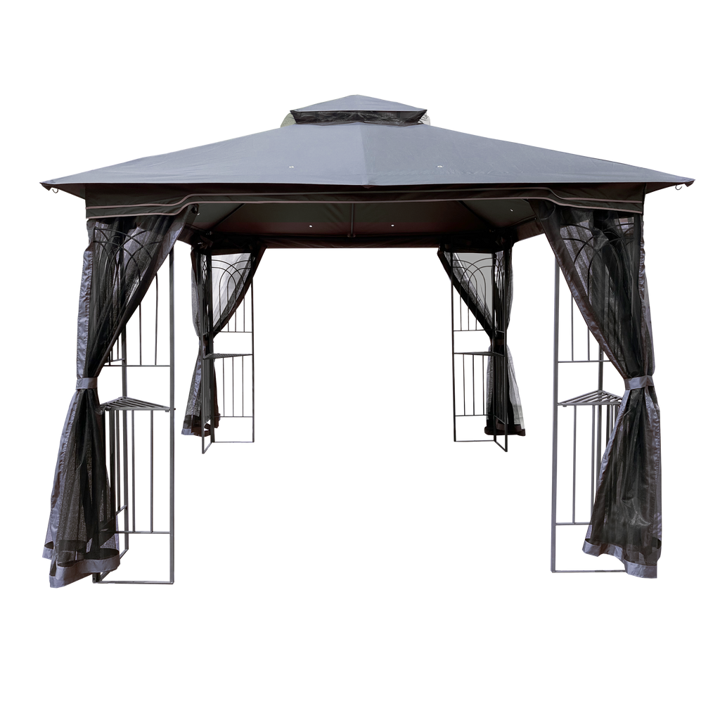 Close-up of removable mosquito netting on one side of the gazebo