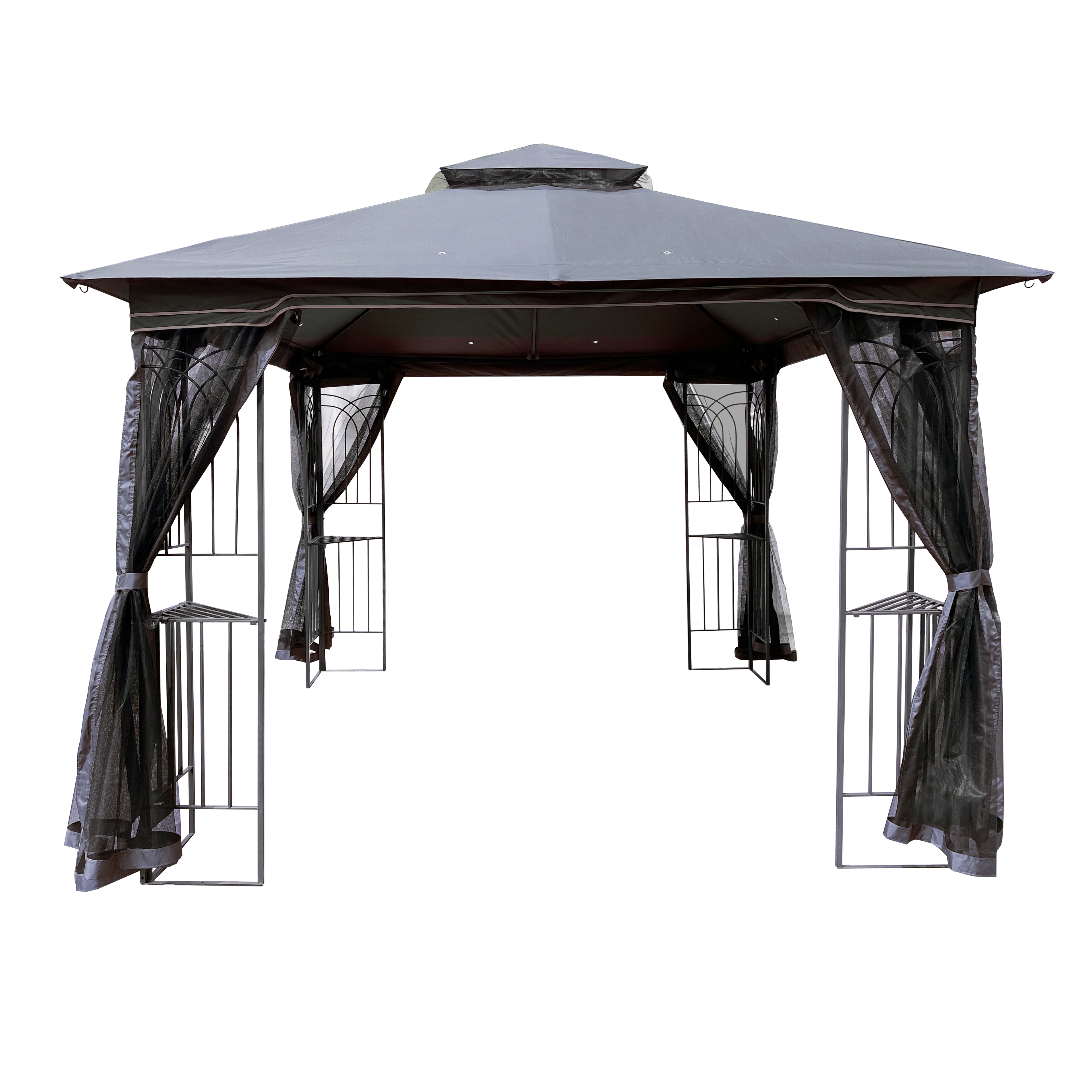 Close-up of removable mosquito netting on one side of the gazebo
