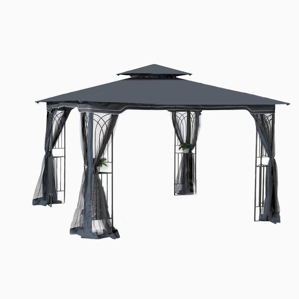 Front view of 10x10 ft outdoor gazebo with gray canopy and black steel frame