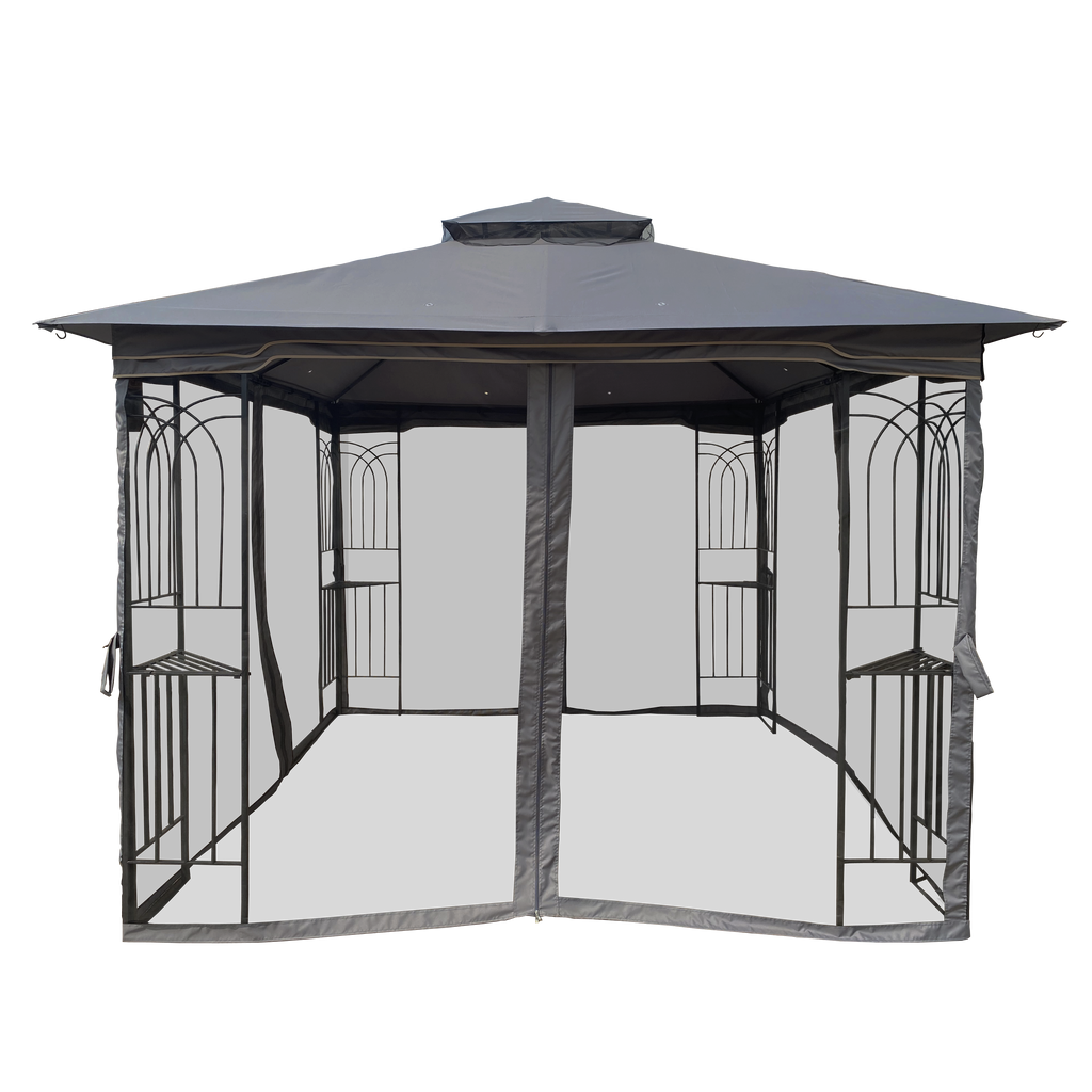 Top-down view showing double-tiered roof structure of 10x10 gazebo