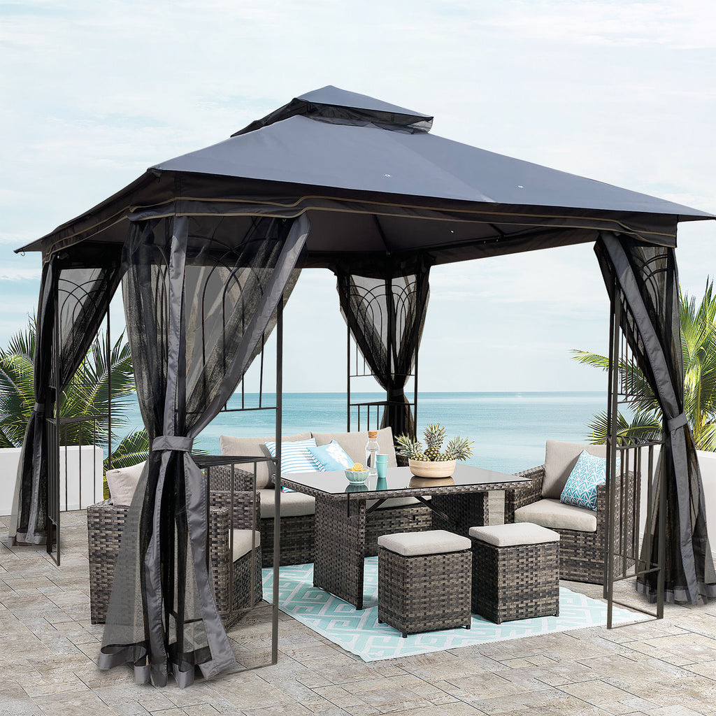 Interior view showing spacious 10x10 ft shaded area with mesh screens installed