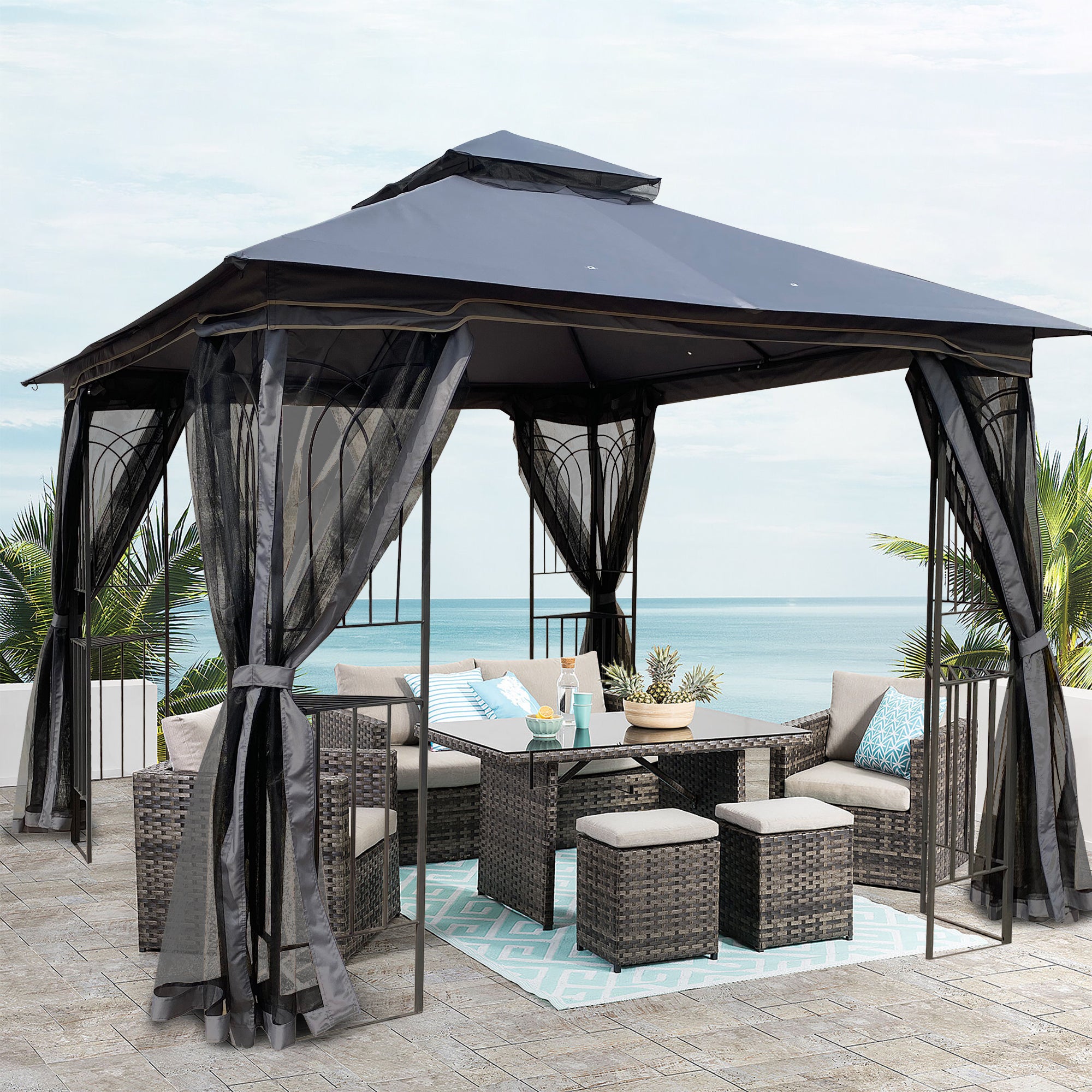 Interior view showing spacious 10x10 ft shaded area with mesh screens installed