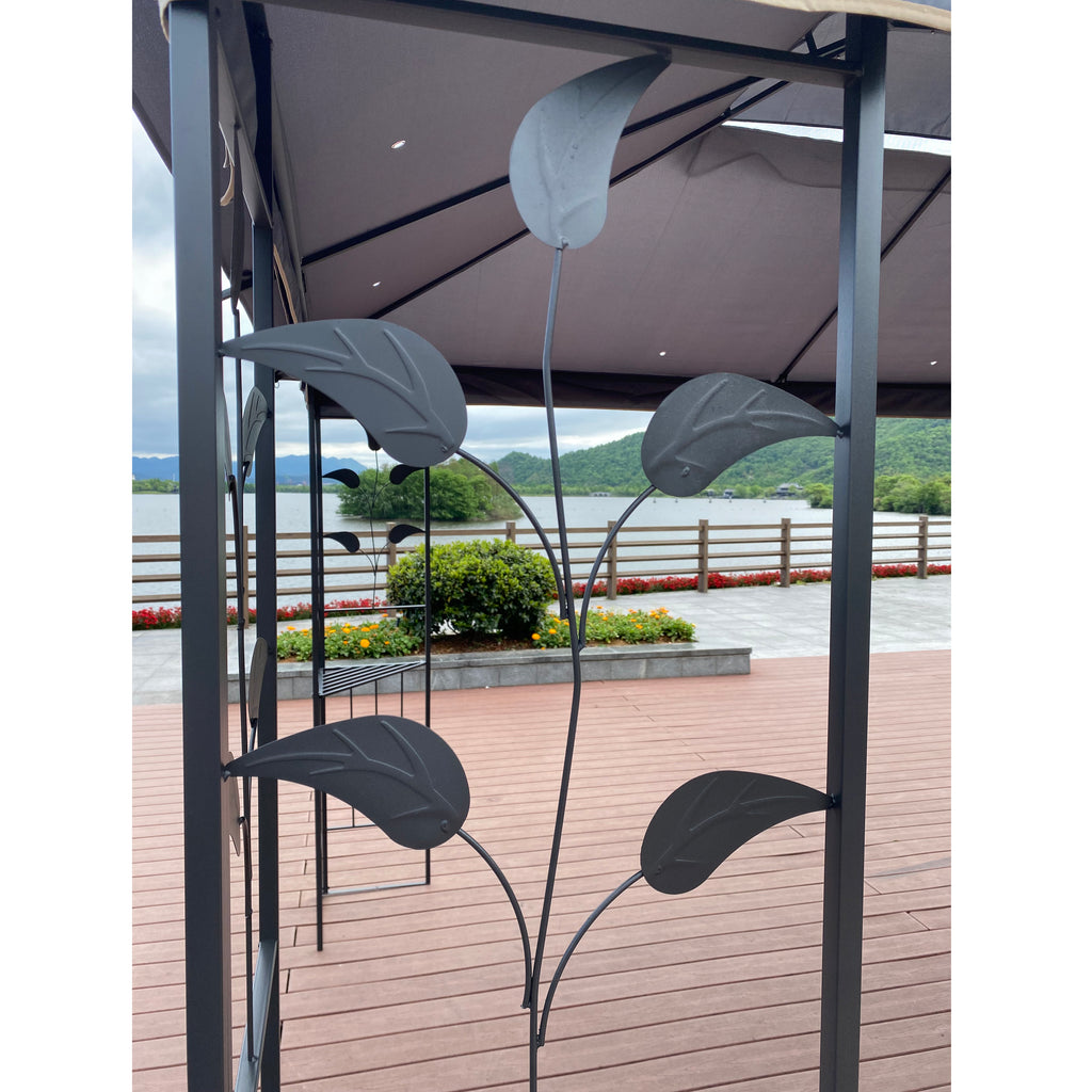Gazebo assembled in a backyard setting with lawn and patio furniture