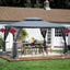 Front view of 13 ft x 10 ft outdoor gazebo with gray double-tier roof and black steel frame