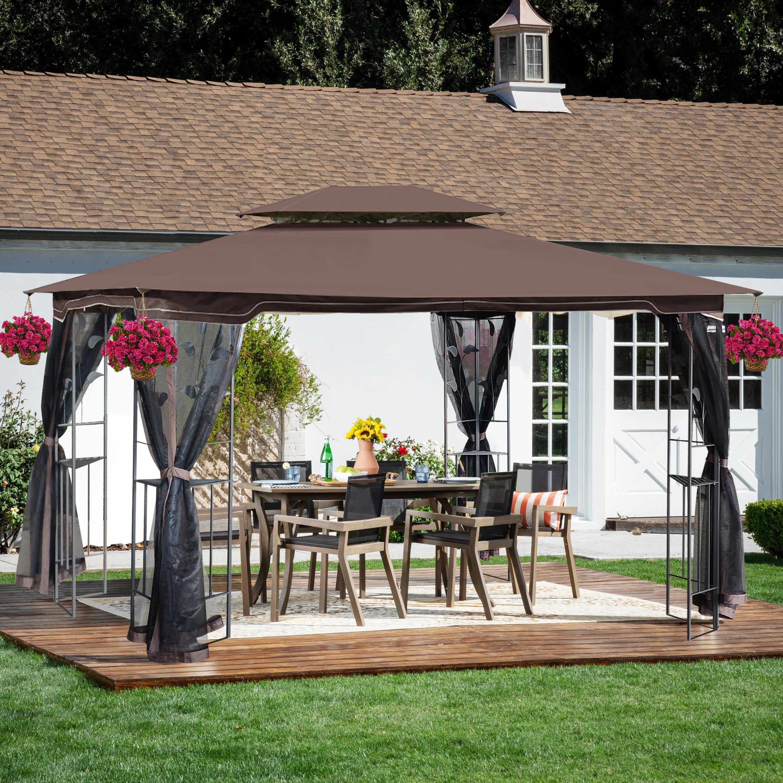 Front view of brown-topped 13 ft x 10 ft outdoor gazebo with mesh screens installed Main image