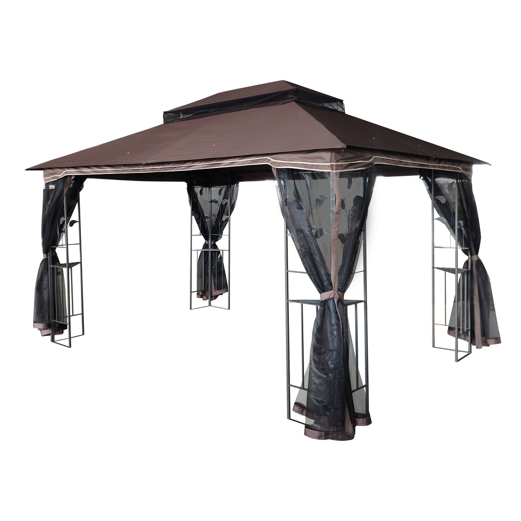 Close-up of detachable mosquito netting on one side of the gazebo