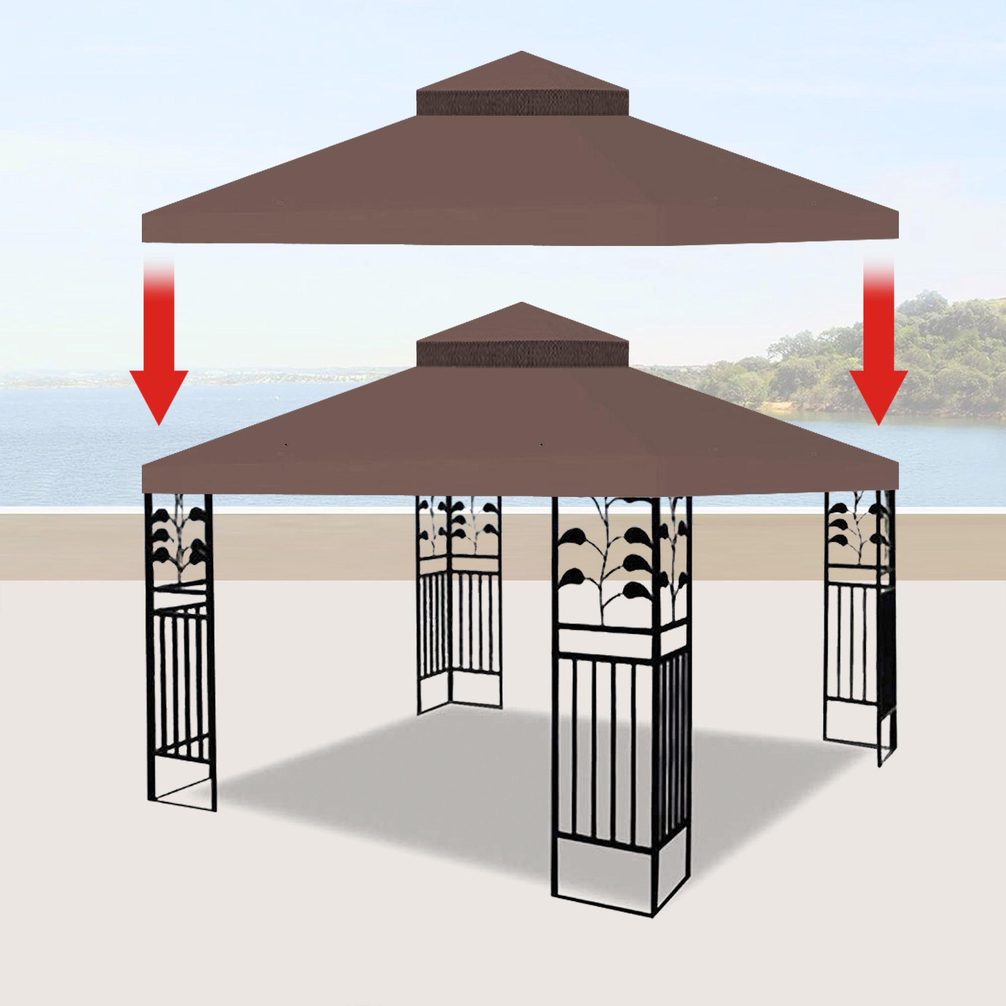 Close-up of two drain holes on one side of the gazebo canopy
