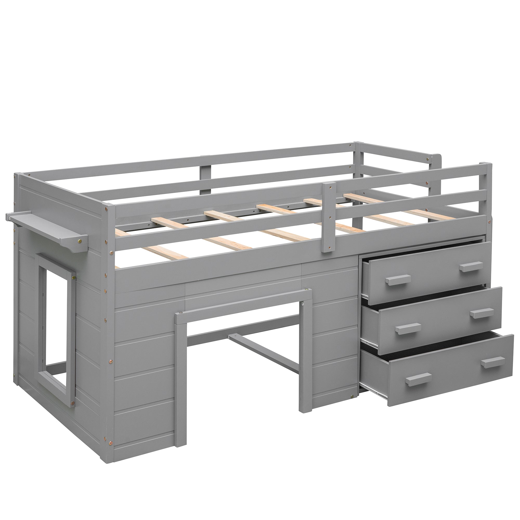 Twin Loft Bed with Storage Drawers, Shelf, and Cabinet – Gray