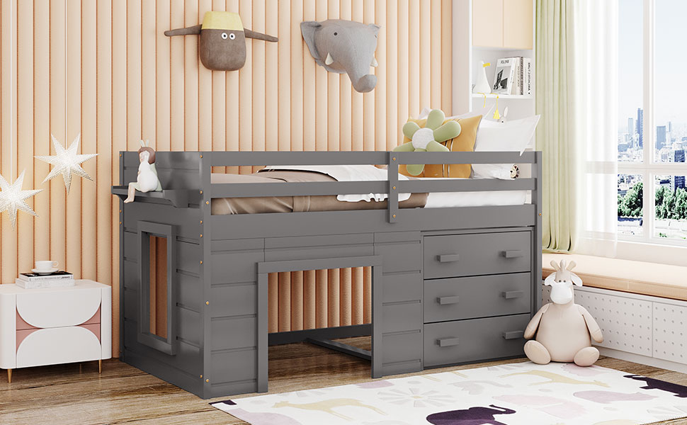 Twin Loft Bed with Storage Drawers, Shelf, and Cabinet – Gray