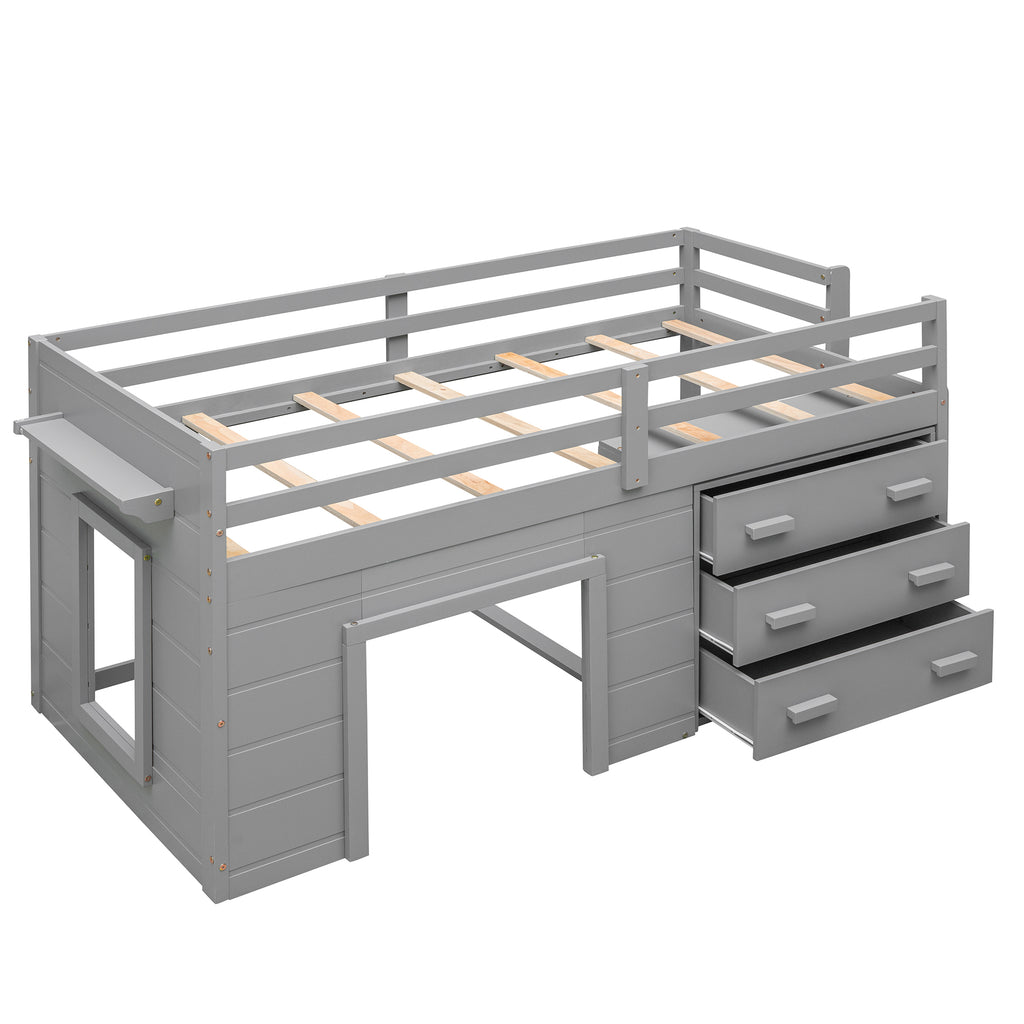 Twin Loft Bed with Storage Drawers, Shelf, and Cabinet – Gray